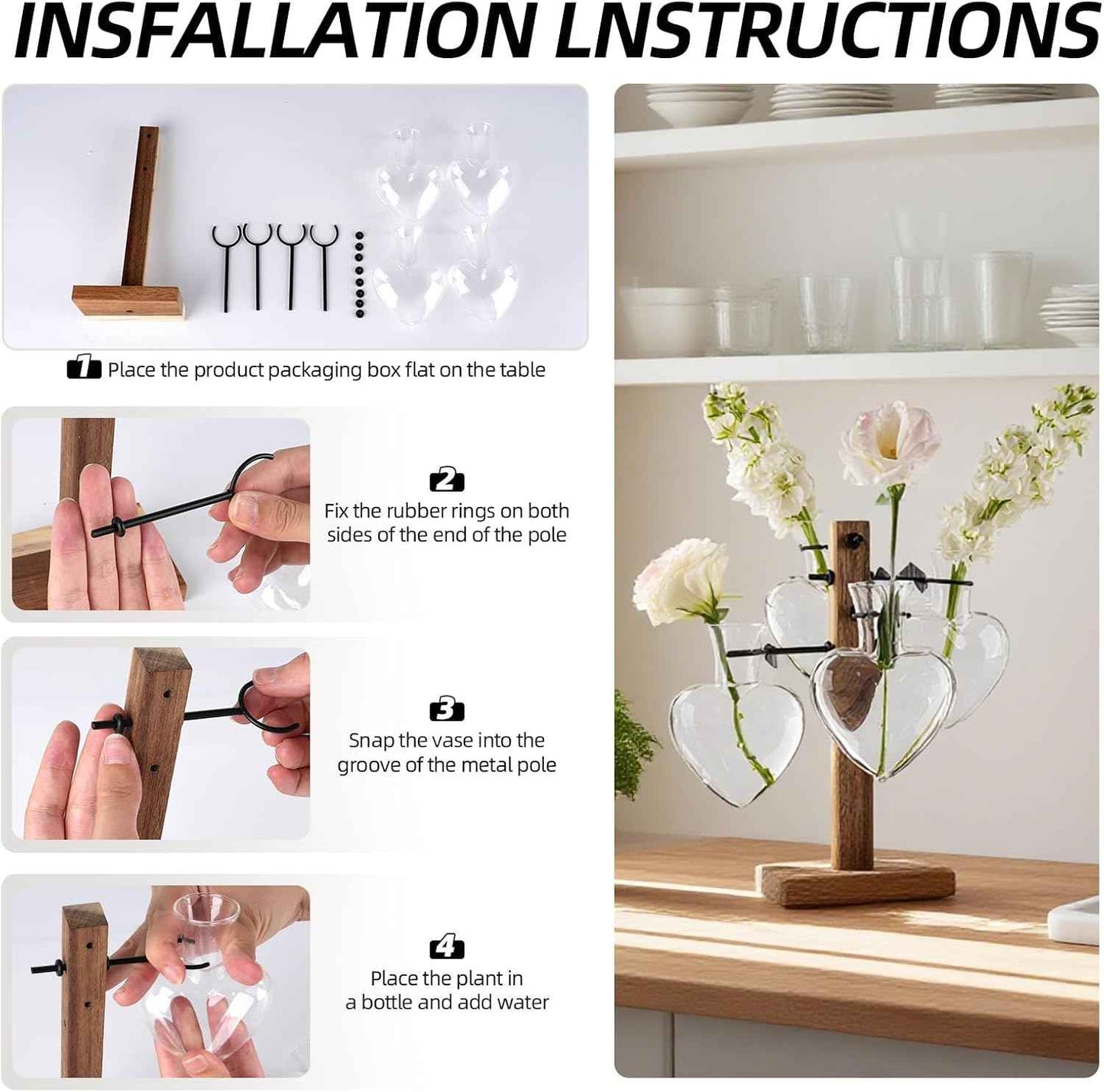 Plant Propagation Station with Acacia Wood Stand, 4 Heart-Shaped Propagation Vases for Plants, Unique Terrarium Kit for Office and Home Decor, Gifts for Plant Lovers