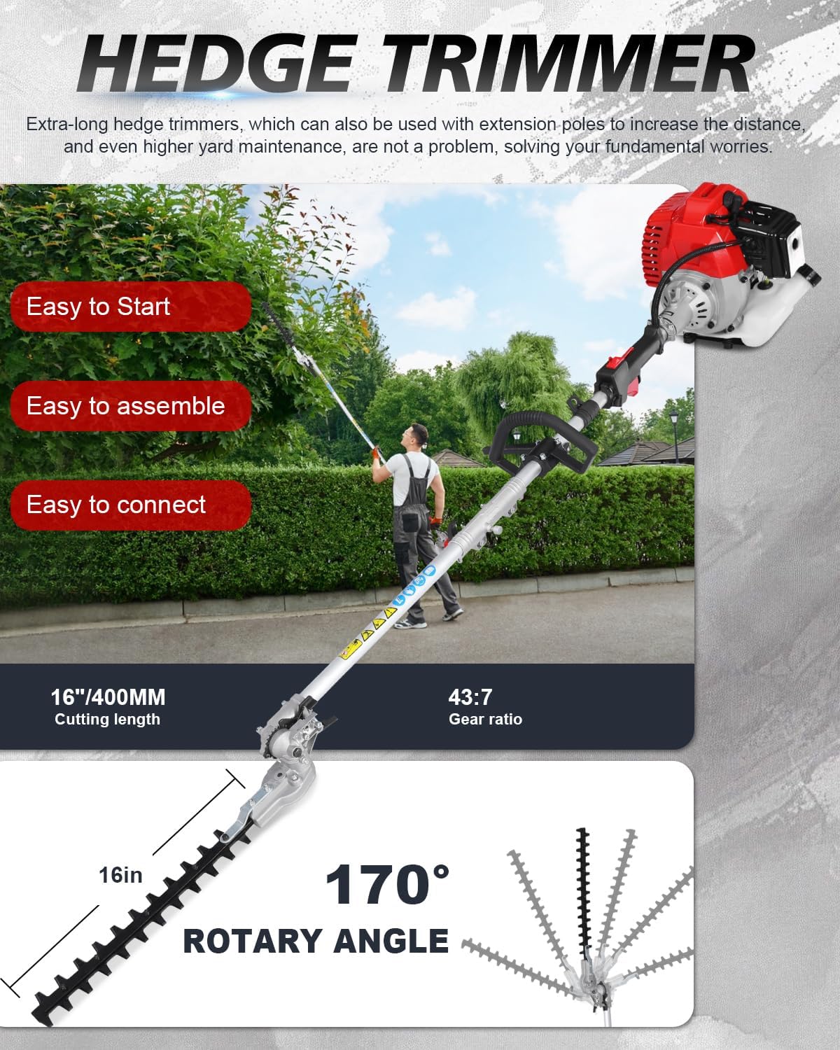 5-in-1 Weed Wacker Gas Powered – 52CC 2-Stroke String Trimmer/Edger, Pole Saw, Hedge Trimmer and Brush Cutter Blade with Extension Pole – Gas Powered Yard Tool for Landscaping (Red)