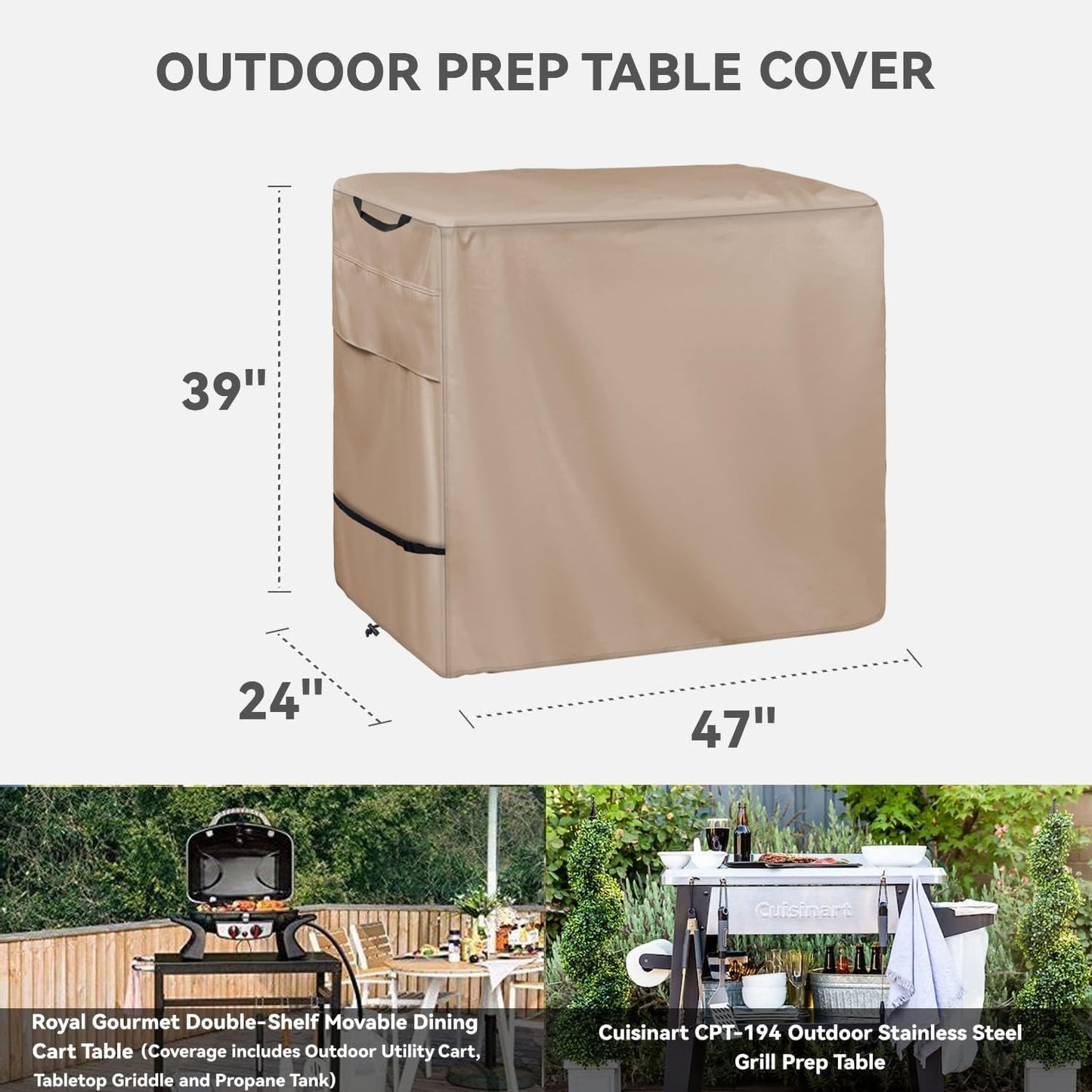Outdoor Dining Cart Cover - Heavy Duty Waterproof Cover for Royal Gourmet Cart Flattop Worktable, Coverage Includes Outdoor Utility Cart,Tabletop Griddle and Propane Tank.Khaki