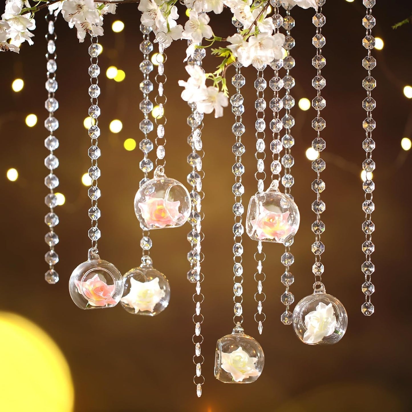 12 Sets Hanging Glass Candle Holder Wedding Glass Globe with Acrylic Gems Bead Garland Tea Light Holder Orbs Container for Flower Plants Micro Landscape DIY Xmas Tree Party Decoration 2.36 Inch