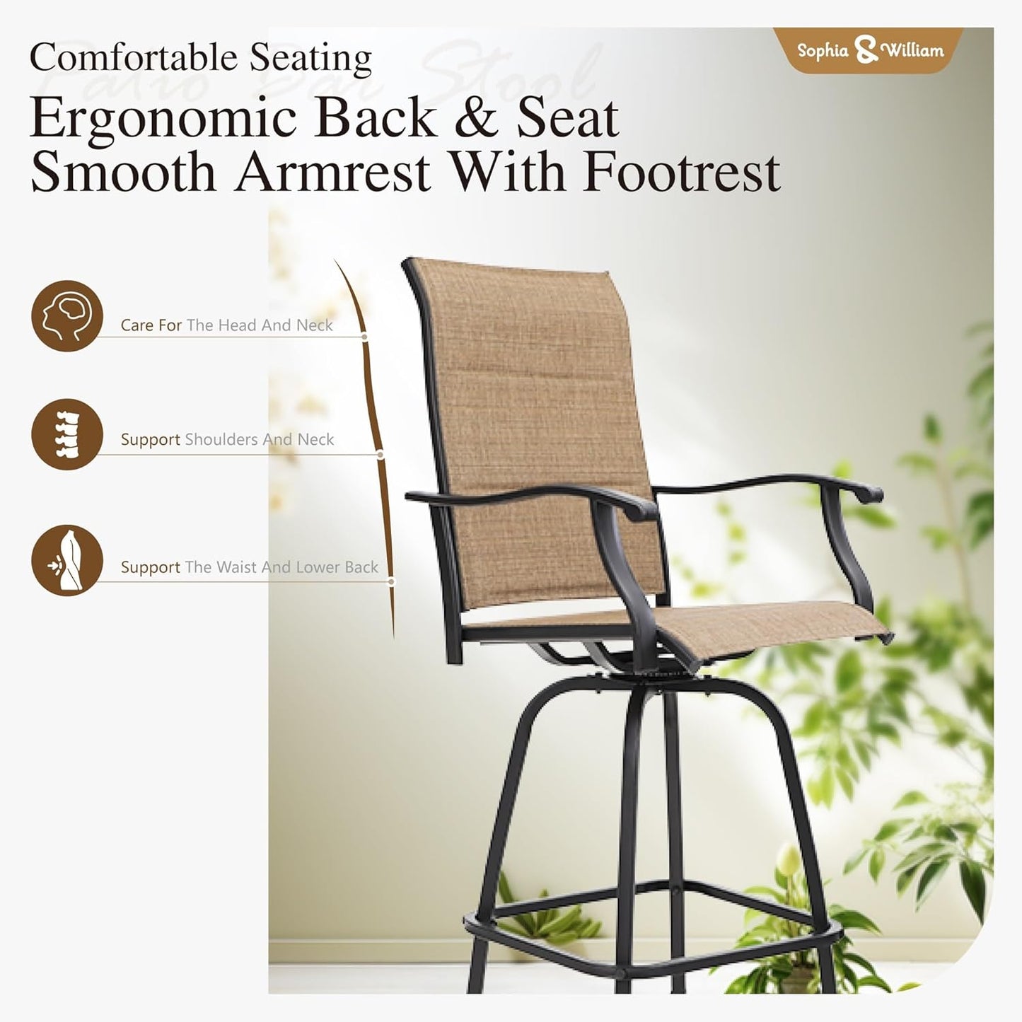 Sophia & William Modern Brown Patio Bar Set for 4: Swivel Bar Stools, High Back, Patio Bar Table & Chairs (5 Pieces), Quick Dry Textilene, Supports 300lbs