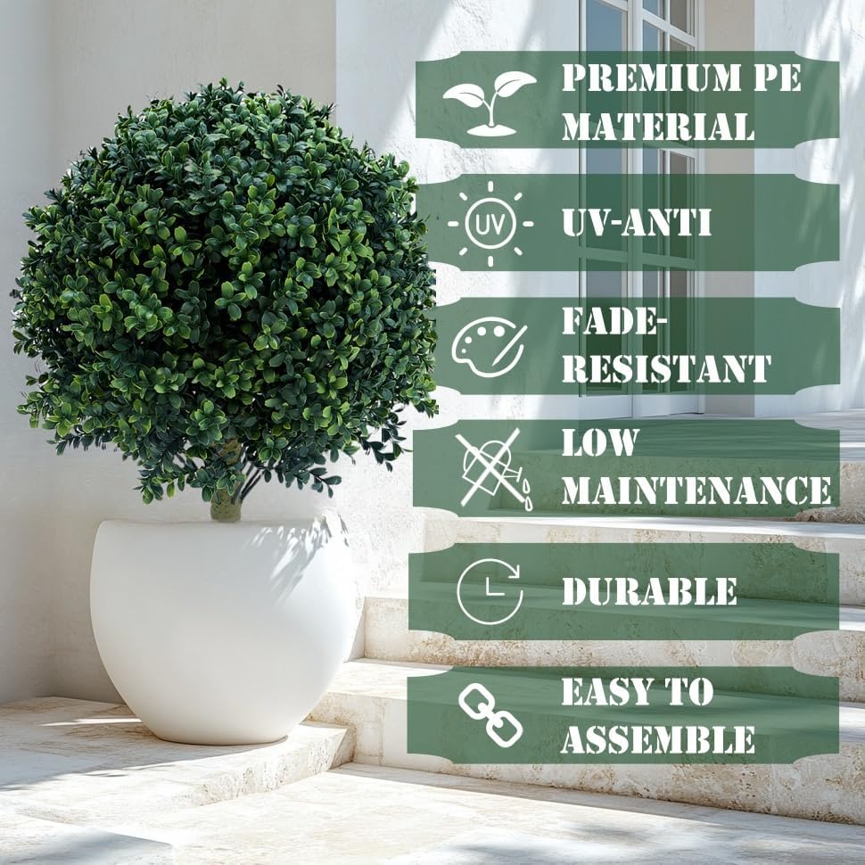 23.6 Inches Artificial Boxwood Topiary Ball Trees for Outdoor with Ground Spike, Faux Bushes UV Resistant Faux Greenery Shrubs, Fake Boxwood Plants for Indoor, Front Porch Decor, Garden, Yard