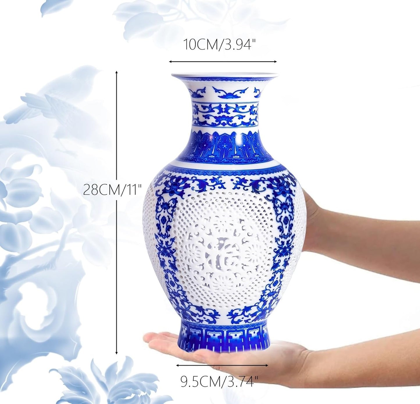 Blue and White Ceramic Vase, Chinoiserie Blue Porcelain Vase, Vintage Ceramic Flower Holder for Living Room Bookshelf Table Office Home Decoration (1-GY 11")