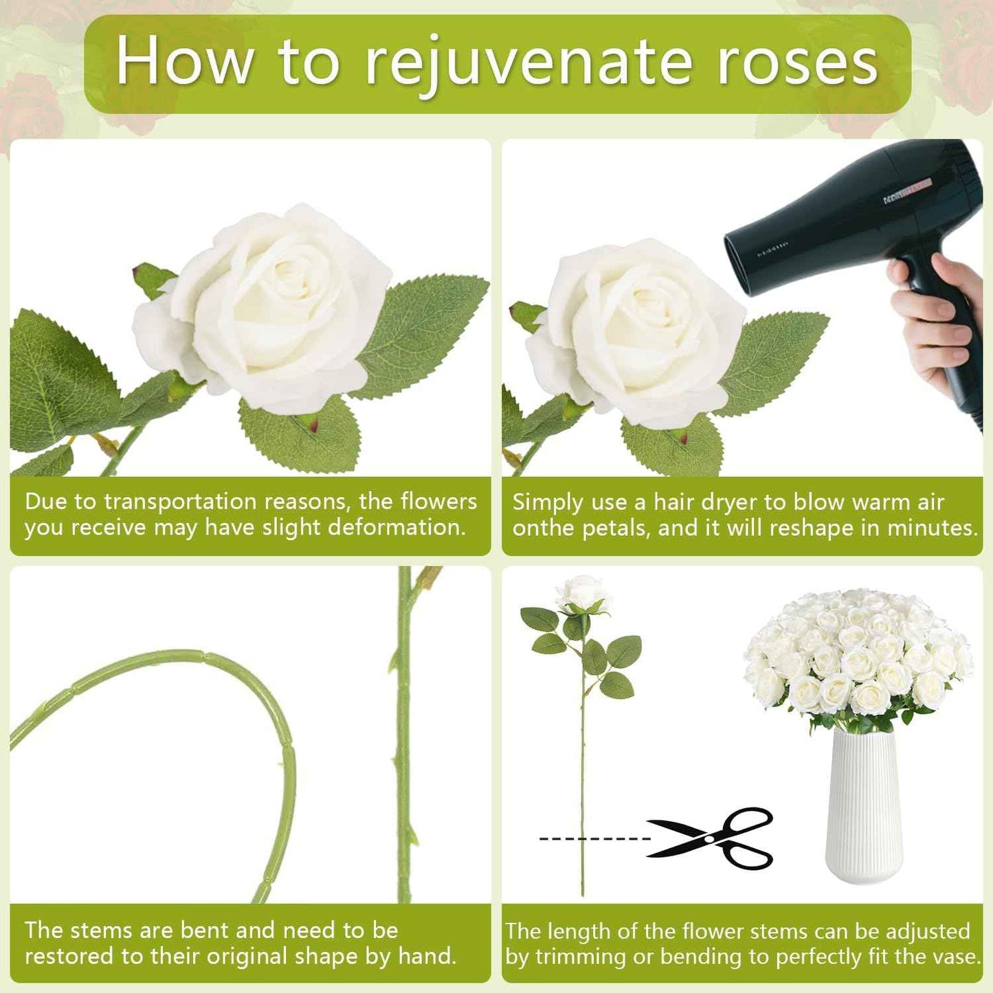 12 Pcs White Roses Artificial Flowers, Real Touch Fake Velvet Flowers with Stems in Bulk for DIY Home Decor, Wedding, Party, Mother's/Valentine's Day Gifts