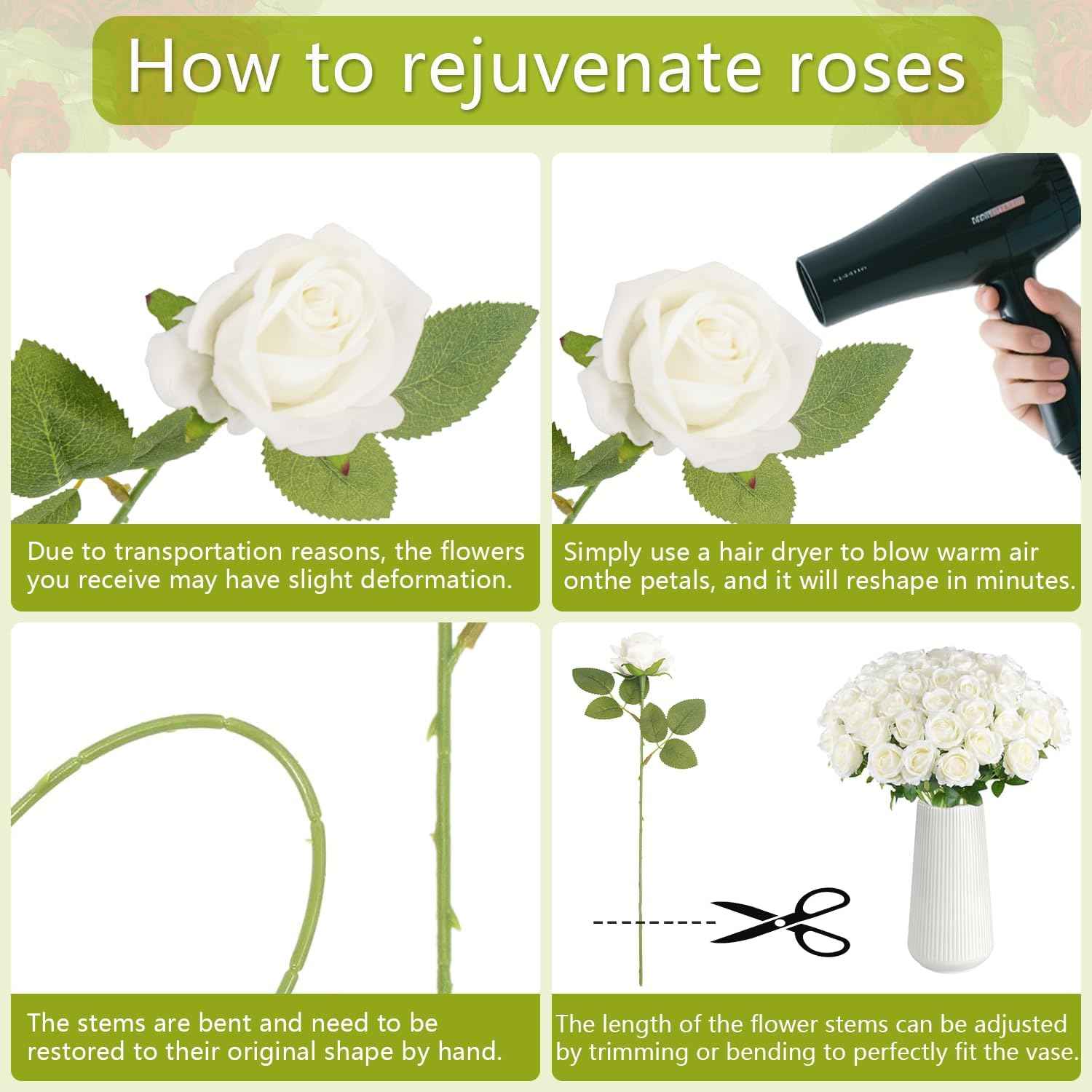 12 Pcs White Roses Artificial Flowers, Real Touch Fake Velvet Flowers with Stems in Bulk for DIY Home Decor, Wedding, Party, Mother's/Valentine's Day Gifts