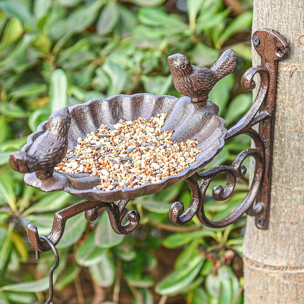 Sungmor Cast Iron Birdfeeder, Heavy Duty Sturdy Wall Bird Feeder, Deck Mounted Small Bird Bath, Decorative Planter Hanger, Outdoor Garden Wall Hook for Hanging Plant Pot, Basket, Lantern, Wind Chime