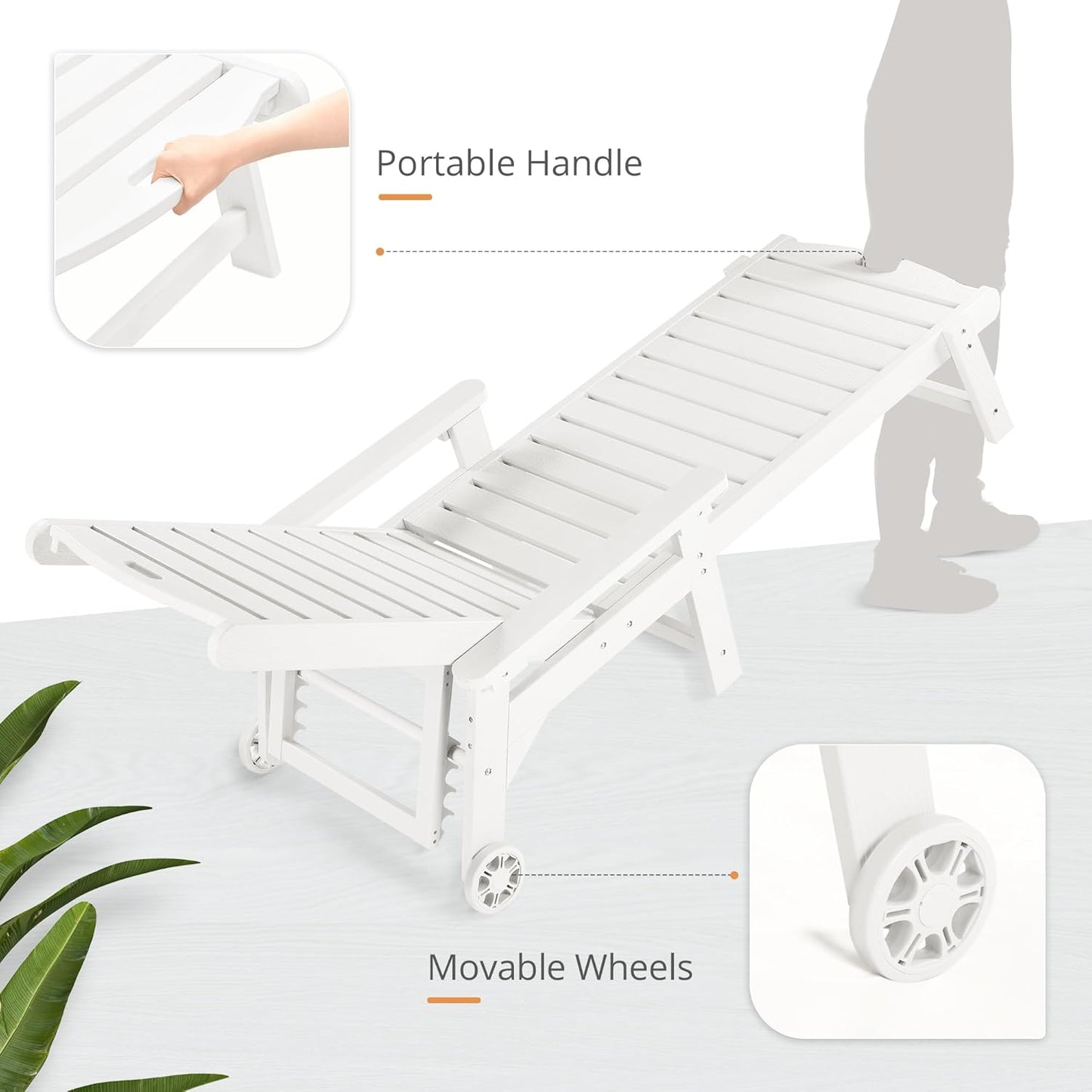 LUE BONA Chaise Lounge Chair with Table, 2-Piece, 79'' Oversized HDPS Chaise Lounger, 5 Positions Adjustable Lounge Chairs, Pool Lounge Chair with Wheels for Poolside, Backyard, 3 Year Warranty, White