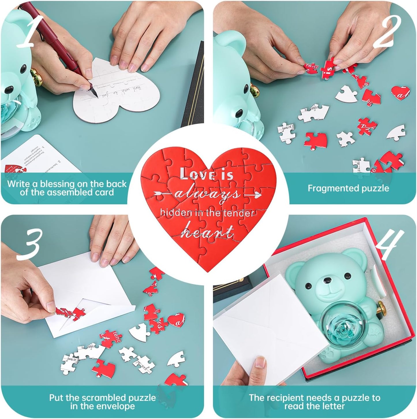 Cute Teddy Bear with Preserved Rose - A Real Rose Flower in Bear with Elegant Gift Box - Romantic Gift for Her in Mother's Day, Weddings, Anniversaries, and Bridal Showers (Blue)