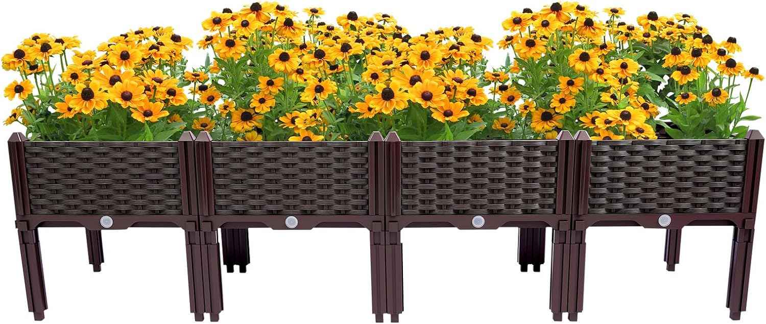 Raised Garden Bed, Elevated Planter Box Plastic Raised Beds with Legs & Drain Holes for Gardening Vegetables Herb Flowers Growing Outdoor, 4 Boxes Brown