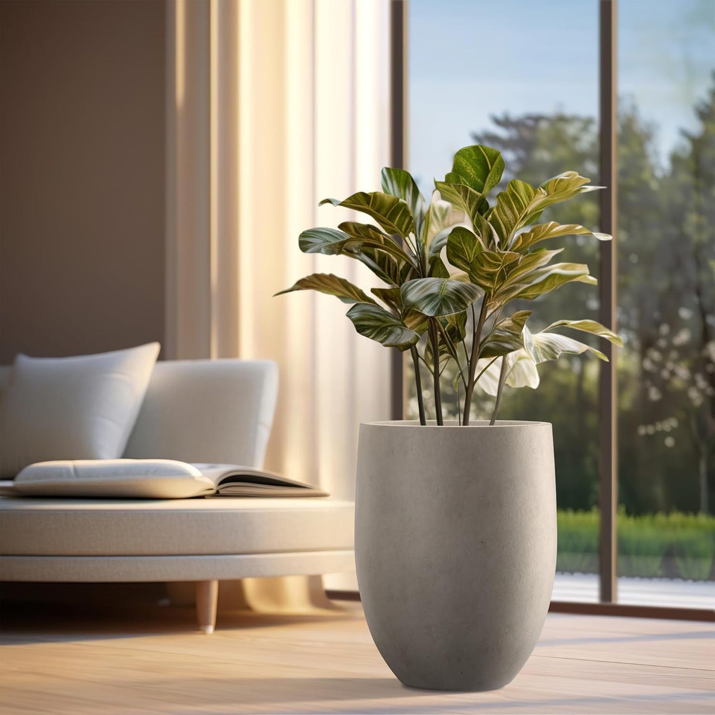 Kante 21.7" H Buff Concrete Tall Planter, Large Outdoor Indoor Decorative Pot with Drainage Hole and Rubber Plug, Modern Round Style for Home and Garden