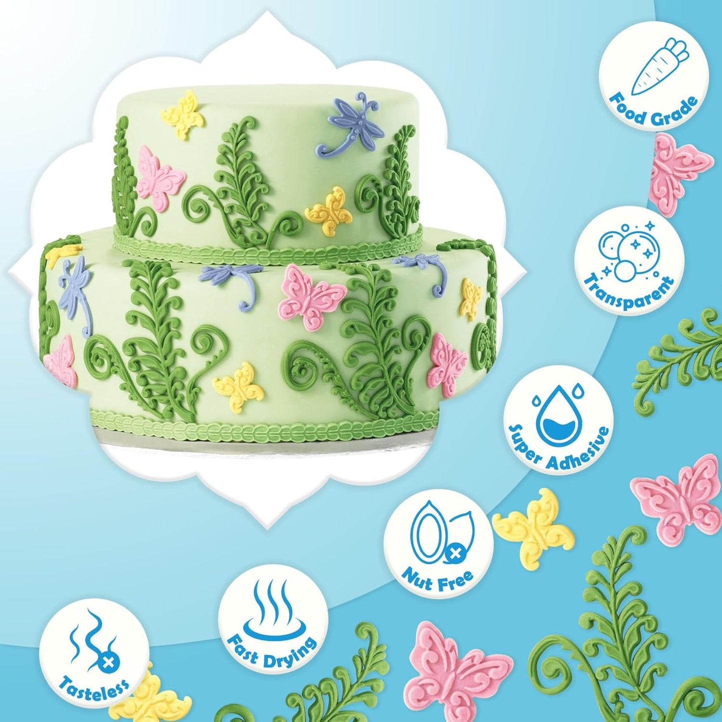 Edible Glue for Cake Decorating - Transparent Edible Flowers Cake Adhesive for Fondant, Cake Decorating, Cookie, Baking, Buttercream Icing - 100ml/3.4 oz