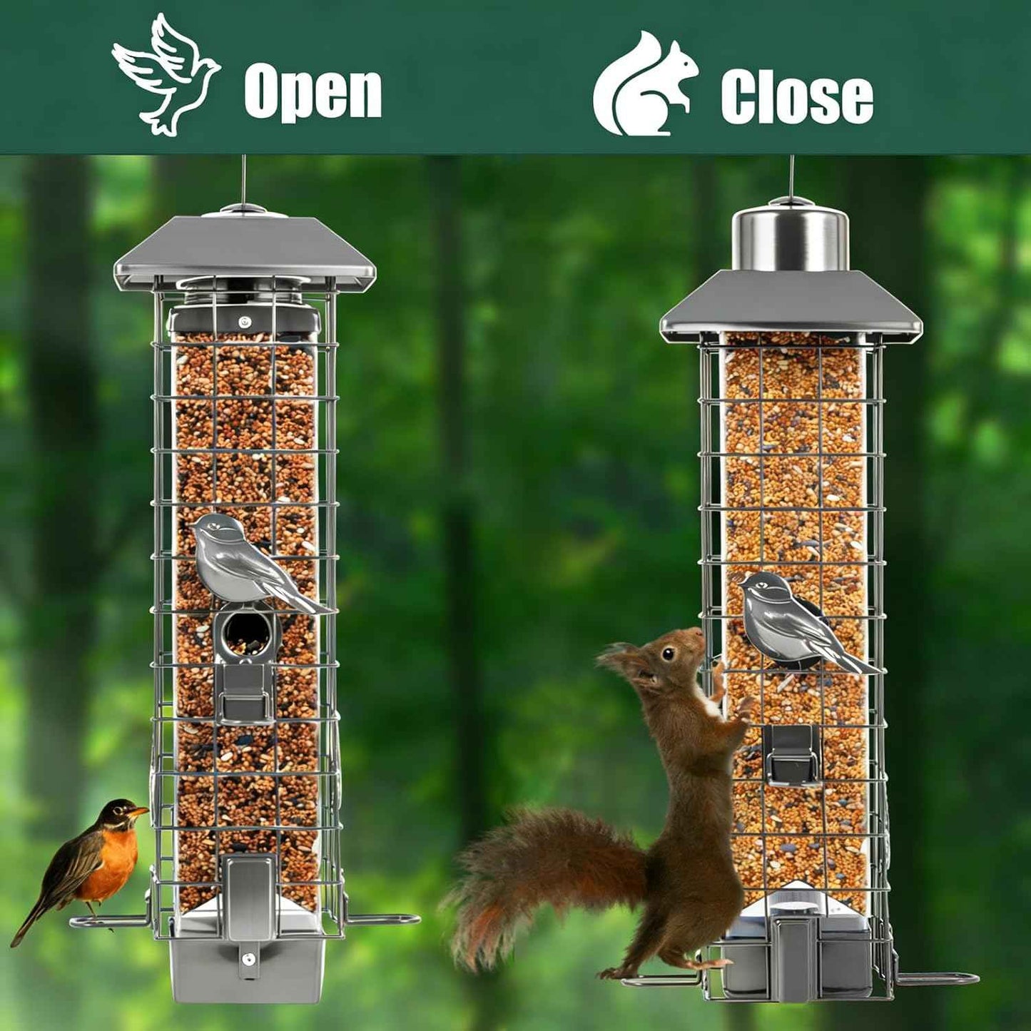 Squirrel Proof Bird Feeders for Outdoors, Metal Wild Bird Feeder for Outside Hanging, 4 Ports Perches, 3LB Large Capacity(Gray)