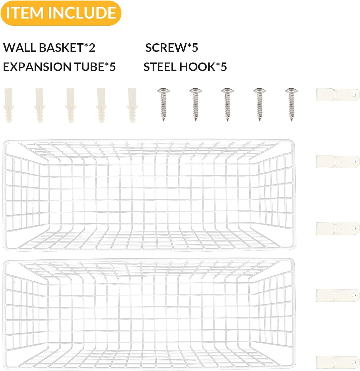 2 Sets Extra Large Hanging Wall Basket, White Metal Wire Baskets with Steel Hooks for Organizing, WallmountedFruit Vegetable Toy Snack Storage, Home Kitchen Bathroom Laundry Pantry Organizer