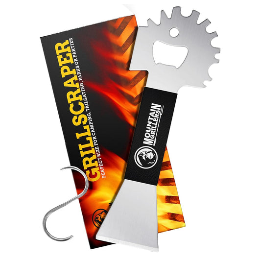 Mountain Grillers BBQ Grill Grate Scraper - Wide Portable Grill Scrubber for Outdoor Grill, Griddle, Smoke or Oven Grates - Non Slip Stainless Steel Grill Cleaning Tools with Built-in Bottle Opener