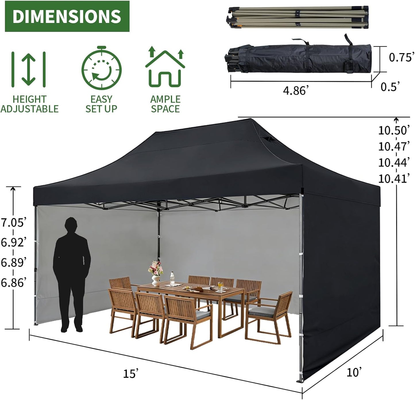 10x15 Heavy Duty Pop Up Canopy Tent, Outdoor Commercial Easy Up Canopy Outdoor Party Tents with 3 Removable sidewalls and Wheeled Bag for Events, Parties, Weddings(Black)