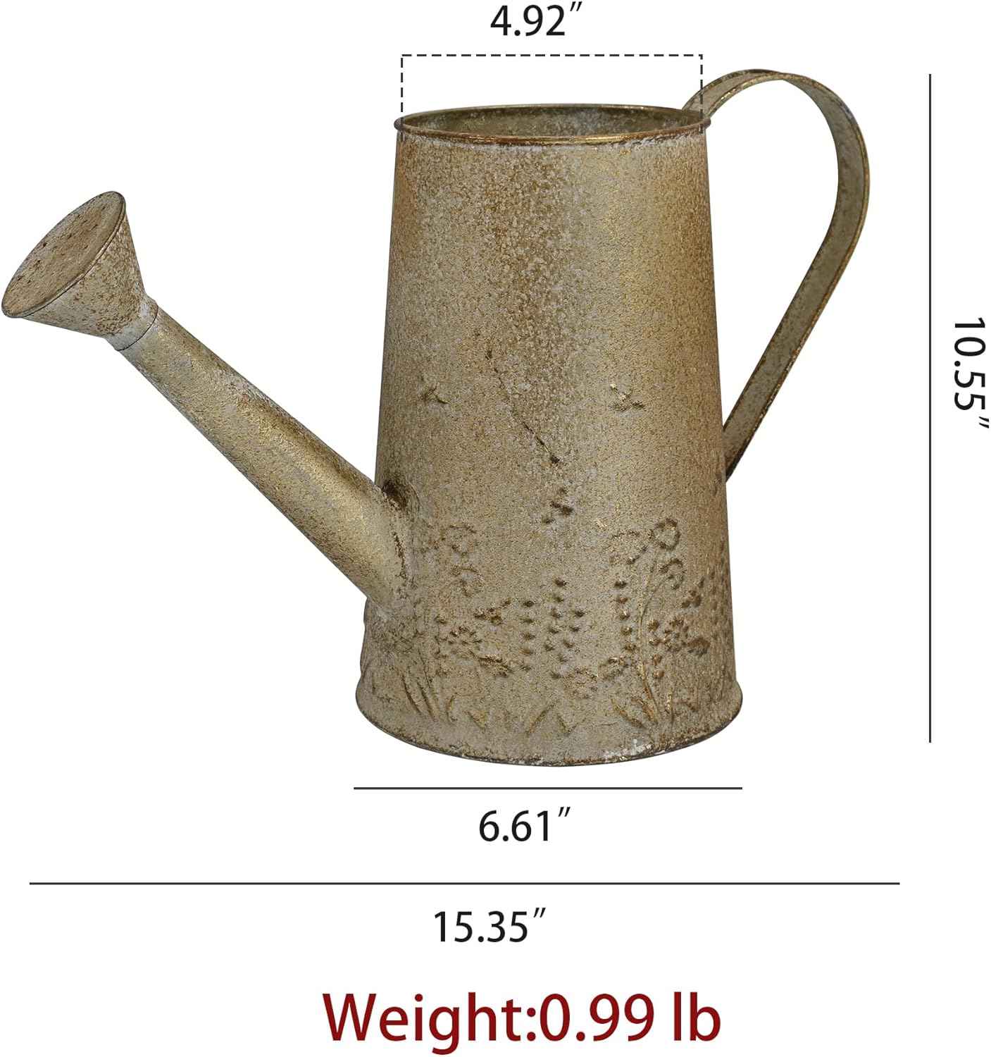 Vintage Metal Watering Can with Floral Embossed Design Garden Distressed Gold Decorative Watering Pot Planter Farmhouse Waterer for Home Indoor Outdoor Garden Balcony Courtyard