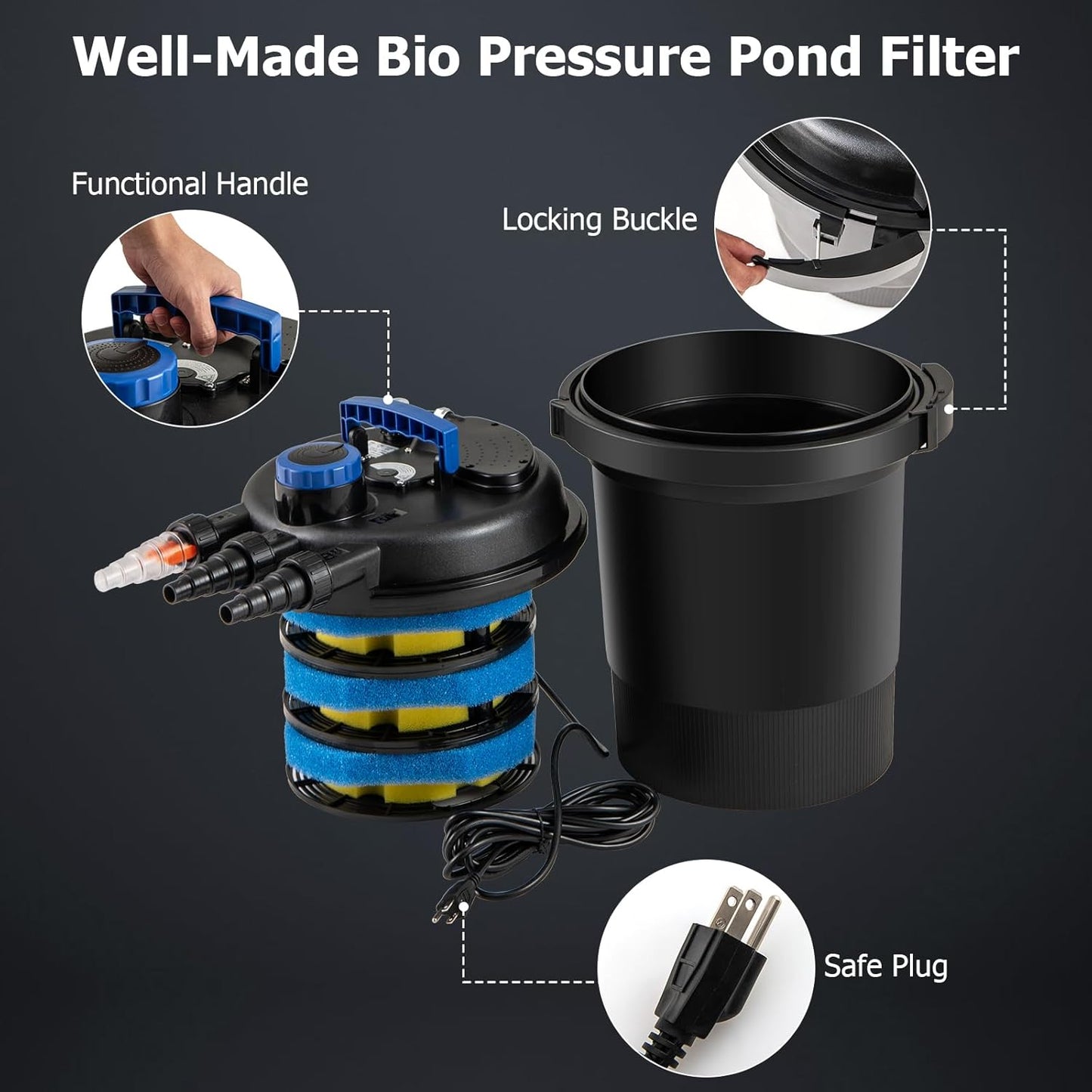 Casart Bio Pressure Filter UVC 120V/60HZ, 2642 GPH for Koi Ponds up to 1321 Gallons or Ornamental Ponds up to 2642 Gallons, Pond Filter System for Garden, Pool Fishpond Pump Filter Pond Filter