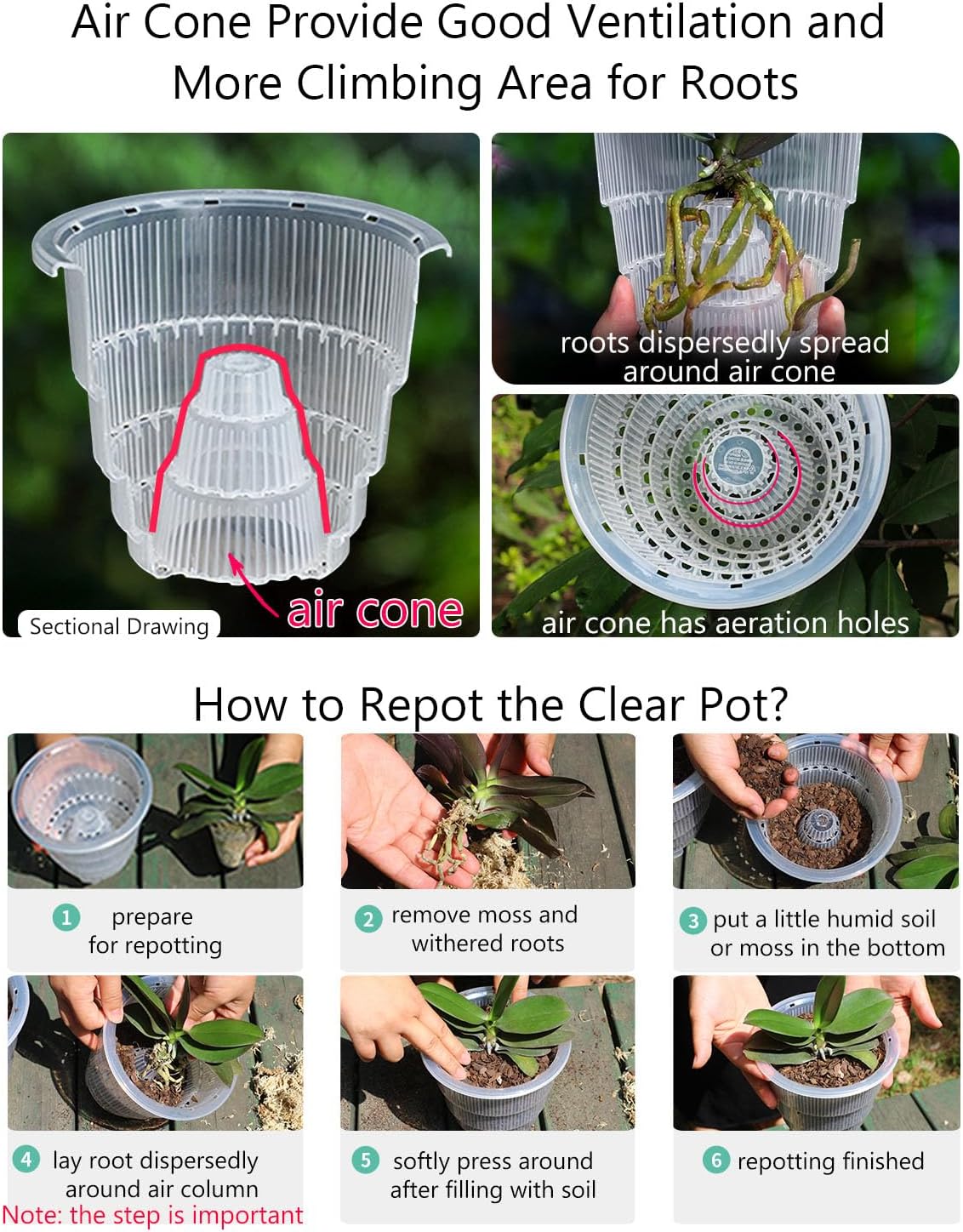 5 inch Orchid Pots with Holes for Repotting with Excellent Airflow, Set of 3, Double Layer Plastic Imitate Ceramic Orchid Planter, Clear Orchid Pot Match Decorative Orchid Container