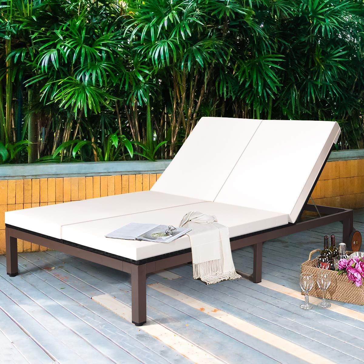 Tangkula 2-Person Patio Lounge Chair, Outdoor Rattan Double Wicker Daybed Chaise with Adjustable Backrest Wheels & Cushion, Loveseat Sofa for Garden Lawn Backyard (Cream)