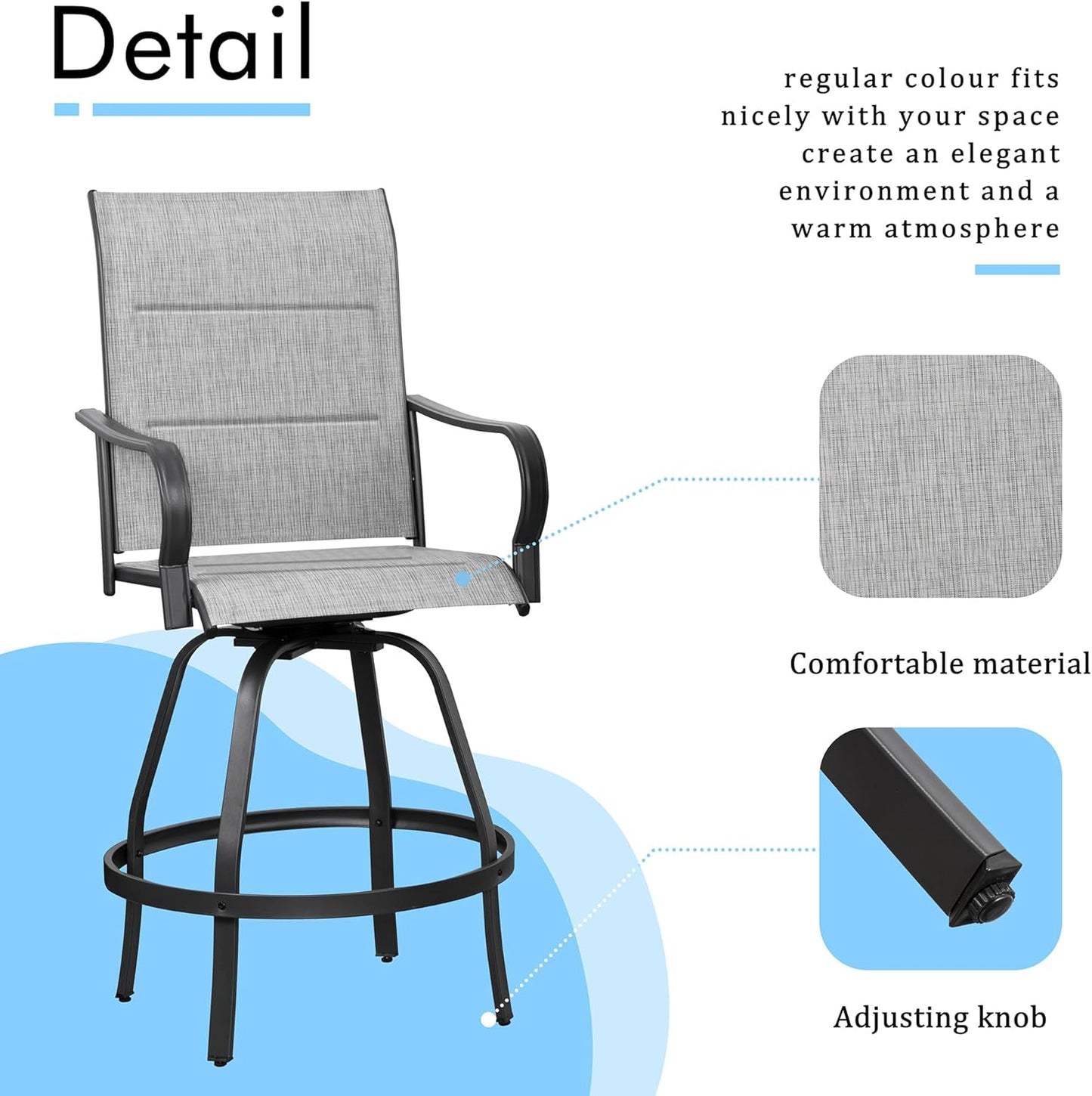 Shintenchi 3 Piece Patio Swivel Bar Stools Set, Outdoor Patio Bar Table and Chairs Set, All Weather Bar Height Chairs Set of 2, High Top Bistro Set Furniture for Balcony, Backyard, Padded Light Grey