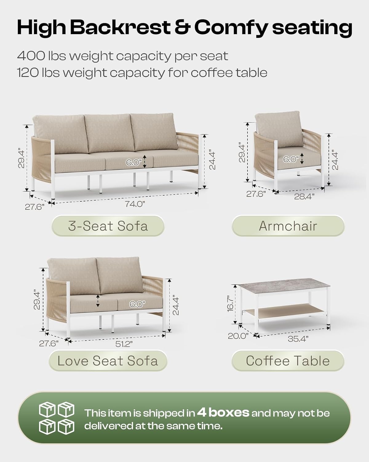Aluminum Outdoor Patio Couch Loveseat, HDPE Rope Patio Sofa with Washable Thick Cushion, All-Weather Patio Furniture for Balcony, Yard, White Frame, Ivory