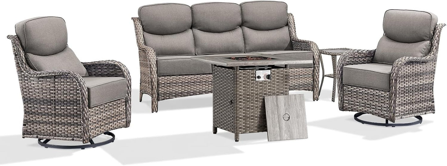 Luxury Patio Furniture Set with 6-inch Thick Cushion, Outdoor Furniture with Fire Pit Table, Swivel Chairs, Side Table, Sofa, 5pcs Wicker Conversation Set for Deck Yard Grey Wicker | Blue Cushion