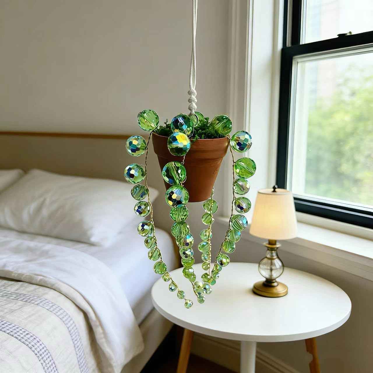 Bling Suncatcher String of Beads Plant Hanging, Handcrafted Crystal Succulent Sun Catchers for Window Hanging, Gardenn Crystal Sun Catcher Plant Lover Gift Mom Gifts (Green)