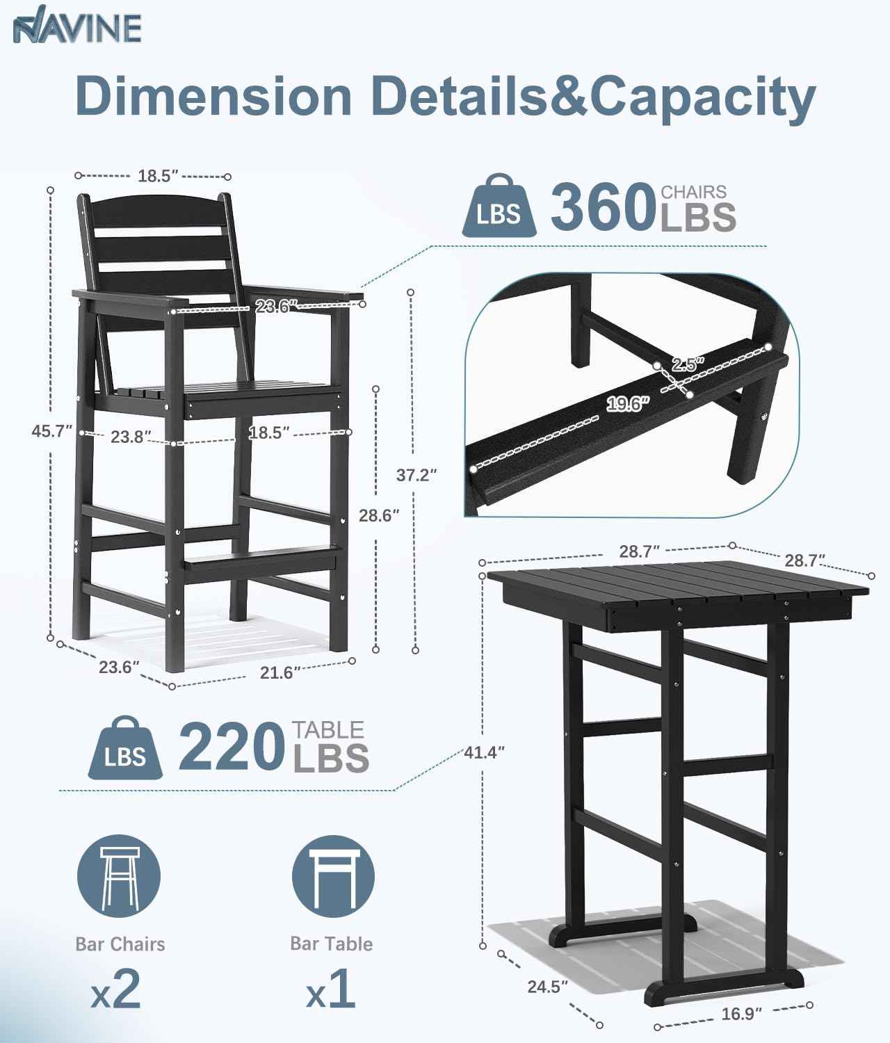 NAVINE 3-Piece Adirondack Bar Table and Chair Set, HDPE All-Weather Bar Height Chairs Set of 2 with Bar Table, Outdoor Patio Bar Set for Bistro, Balcony, Patio, Poolside, Black