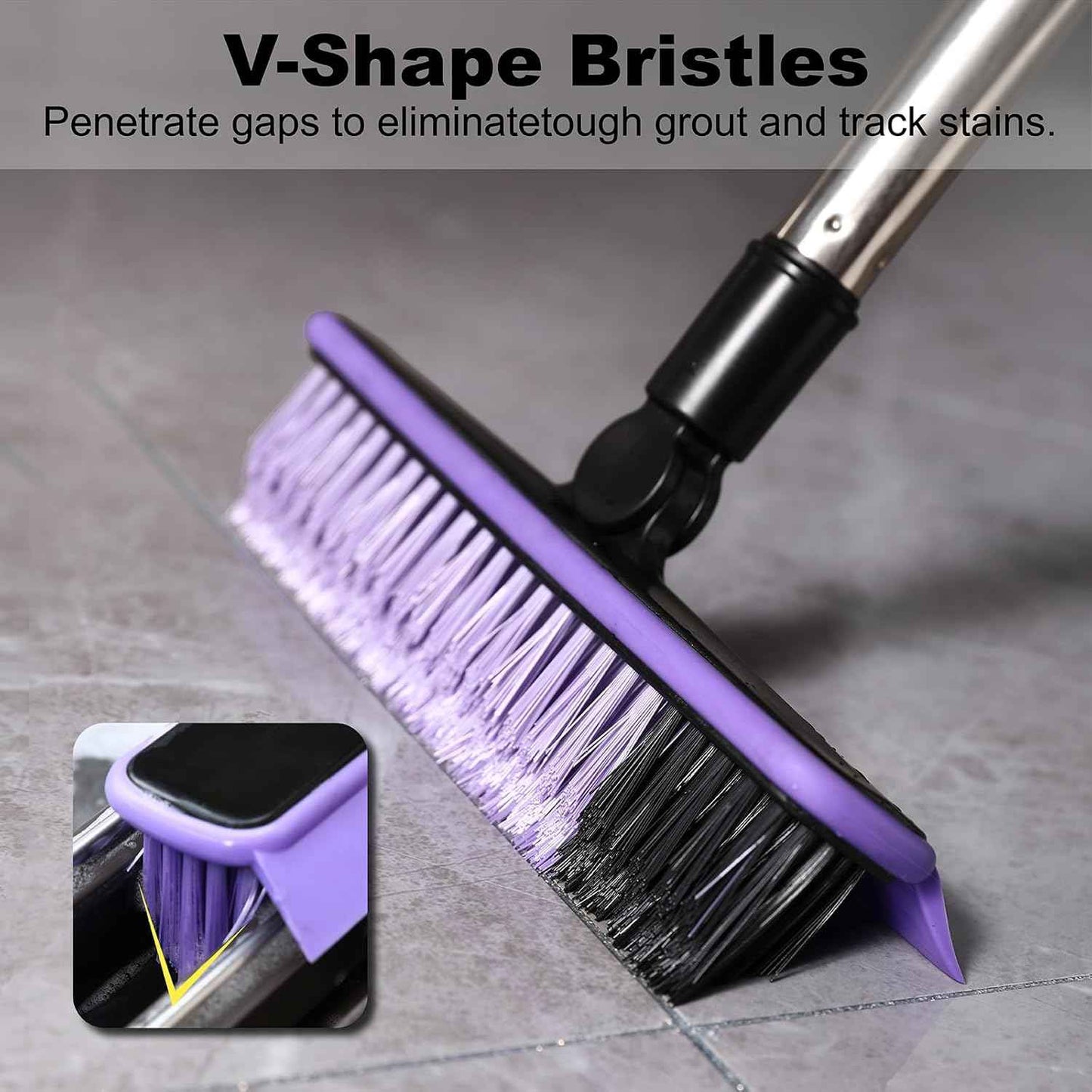 Grout Cleaner Brush with Long Handle, V-Shaped Floor Scrub Brush Swivel Grout Brush Stiff Bristle Floor Grout Scrubber for Bathroom, Tile Line, Crevice, Kitchen, Wall, Deck, Garage (Purple)