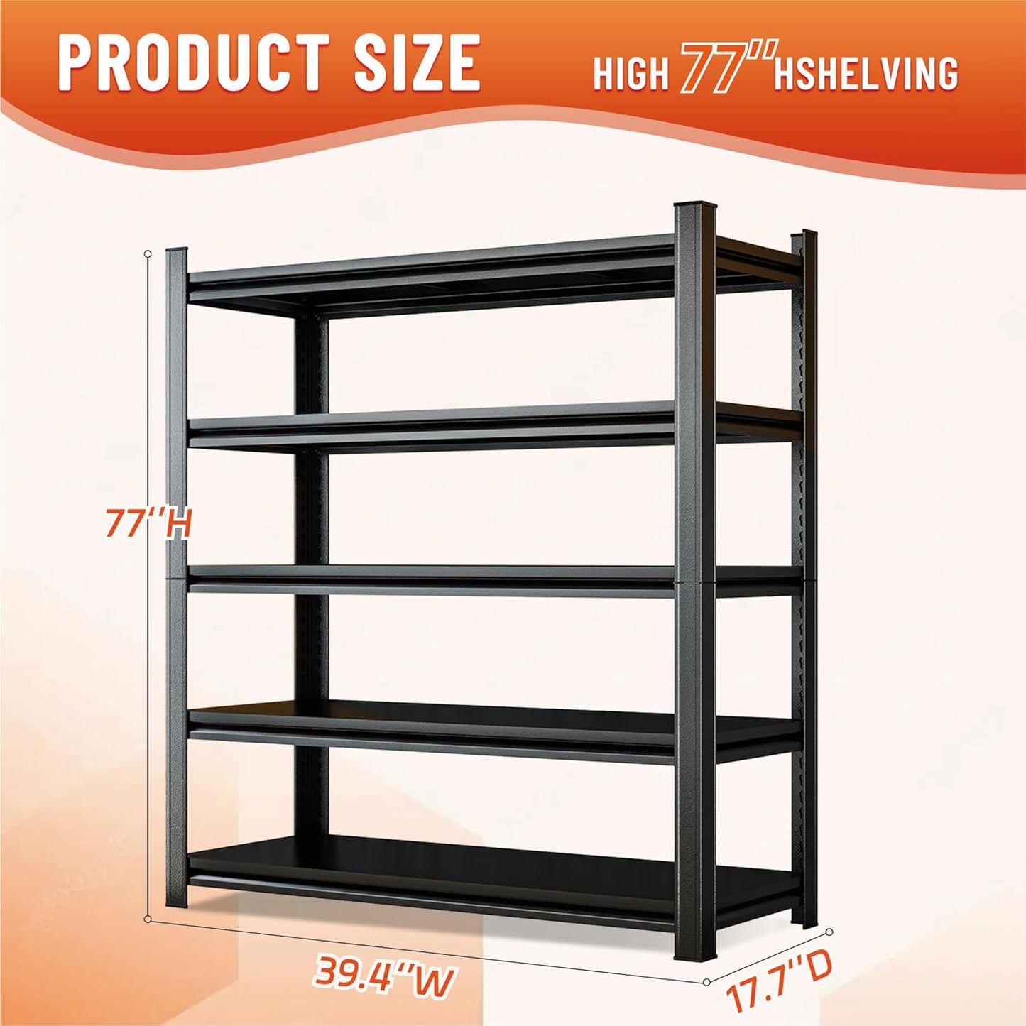 Heavy Duty 5-Tier Shelving Unit 3000LBS Capacity - Adjustable Steel Garage Shelves for Warehouse, Basement Storage(77'H x 39.4''W x 17.7''D)
