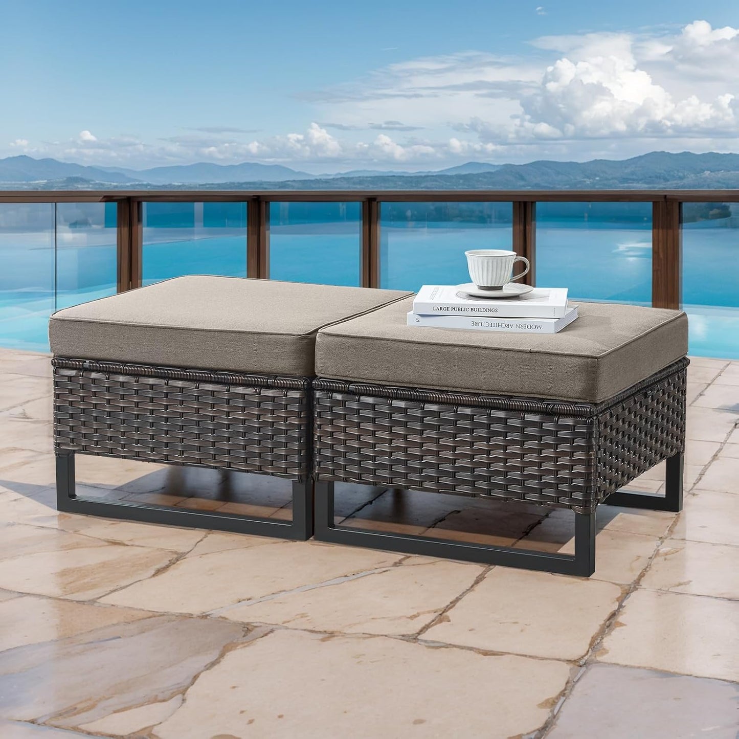 HUMMUH 5 Piece Patio Furniture Set All-Weather PE Wicker Outdoor Swivel Rocker Chairs Set of 2 with Ottomans Side Table for Patio,Porch,Garden,Backyard