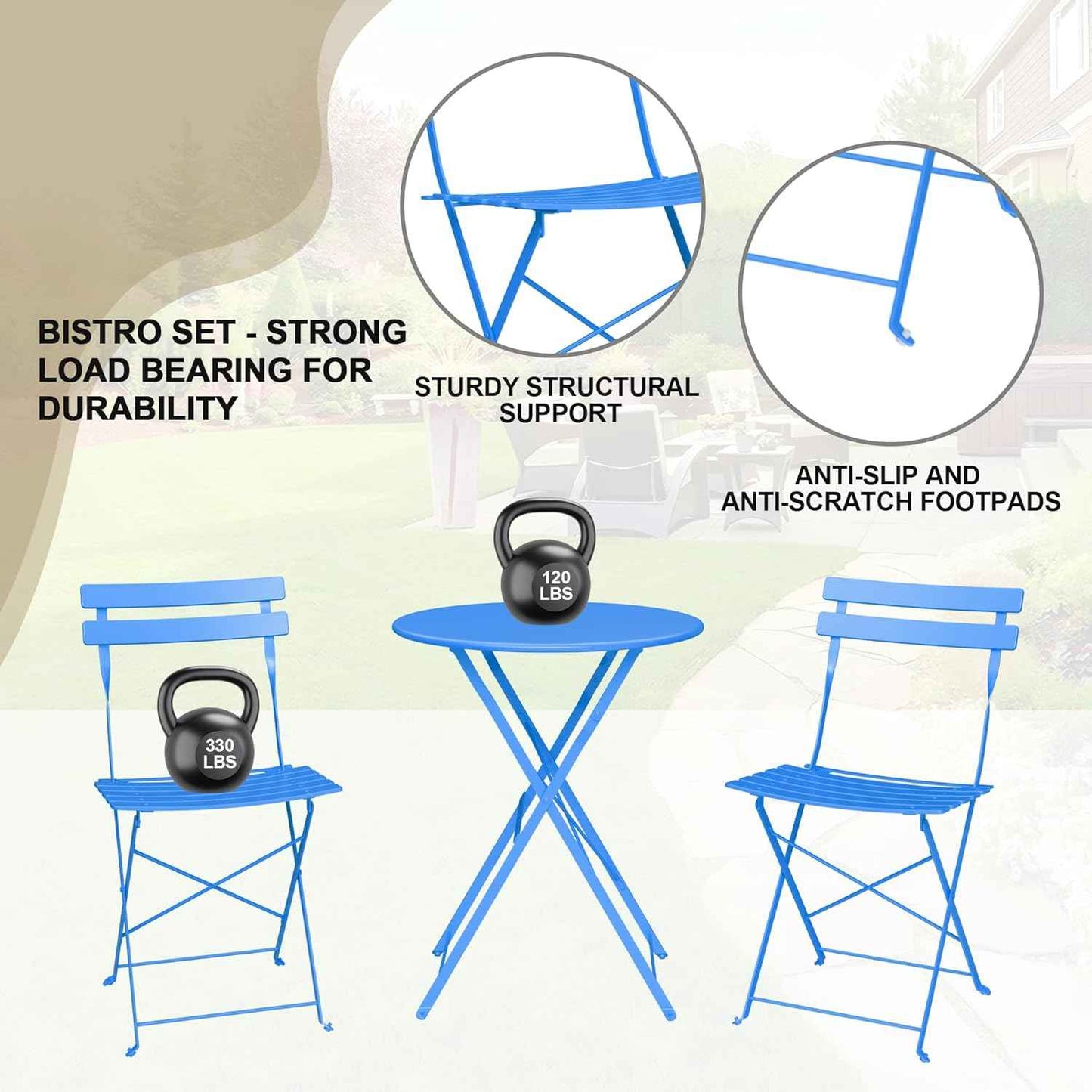 Bistro Table and Chairs Set of 2, 3 Piece Outdoor/Indoor Folding Patio Bistro Sets, 2 Chair Patio Furniture Set with Table, Premium Frame Foldable Coffee Tables for Balcony, Yard, Garden, Blue