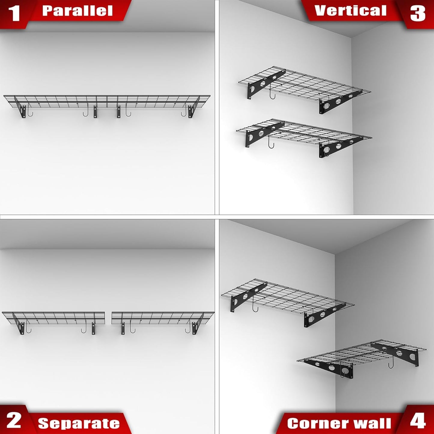 WALMANN 2 Pack Garage Wall Shelves, 2 x 4 ft/24 * 48 inch Wall Mounted Storage Shelves for Garage Heavy Duty Wall Shelving, Holds Up to 220 lbs(Black)