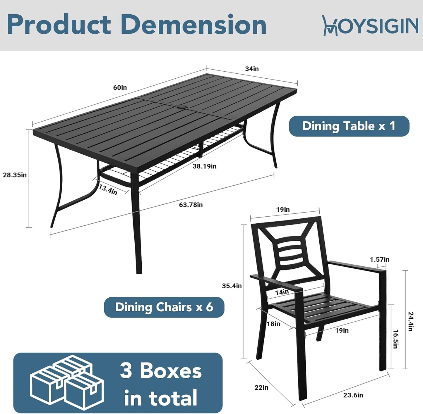 7 Piece Outdoor Patio Dining Sets, 60" Rectangular Metal Dining Table with Umbrella Hole & 6 Stackable Metal Chairs, Weather Resistant Garden Furniture Set for Backyard, Deck, Porch