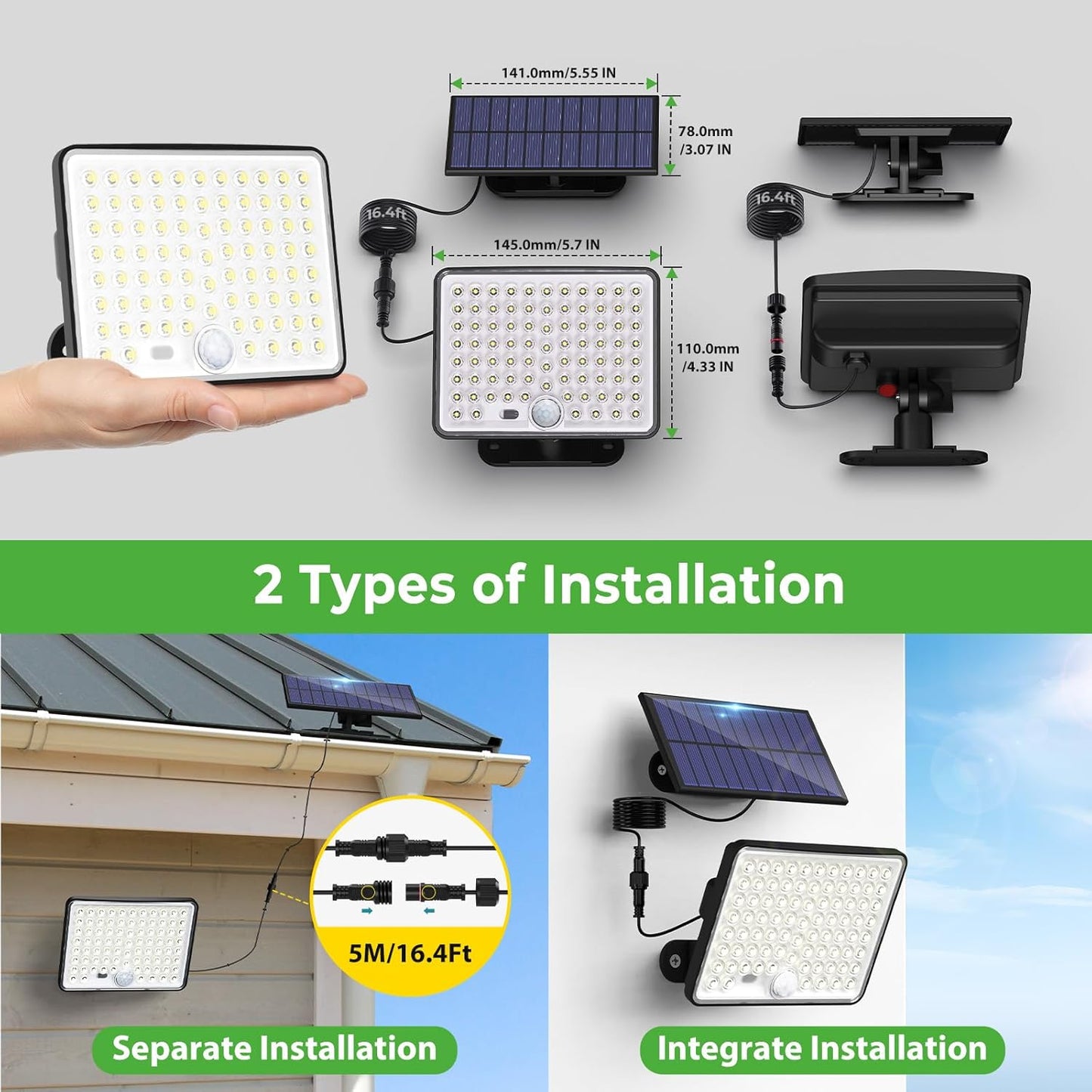 nipify 4 Pack Solar Motion Lights Outdoor, 3Modes Split Outdoor Solar Lights with Remote Control, IP65 Waterproof Powered Solar Flood Light 16ft Cable for Outside Yard Garage Garden Porch
