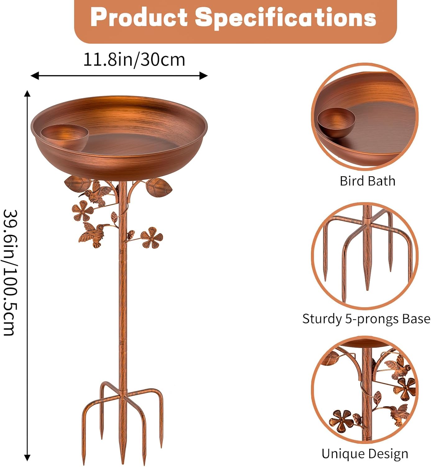 Metal Bird Bath for Outdoors Garden Birdbath Bowl, 39.6" Height Bird Feeders for Outside with 5 Prongs Base Stake, Standing Birdfeeders for Yard Lawn Decor (B)