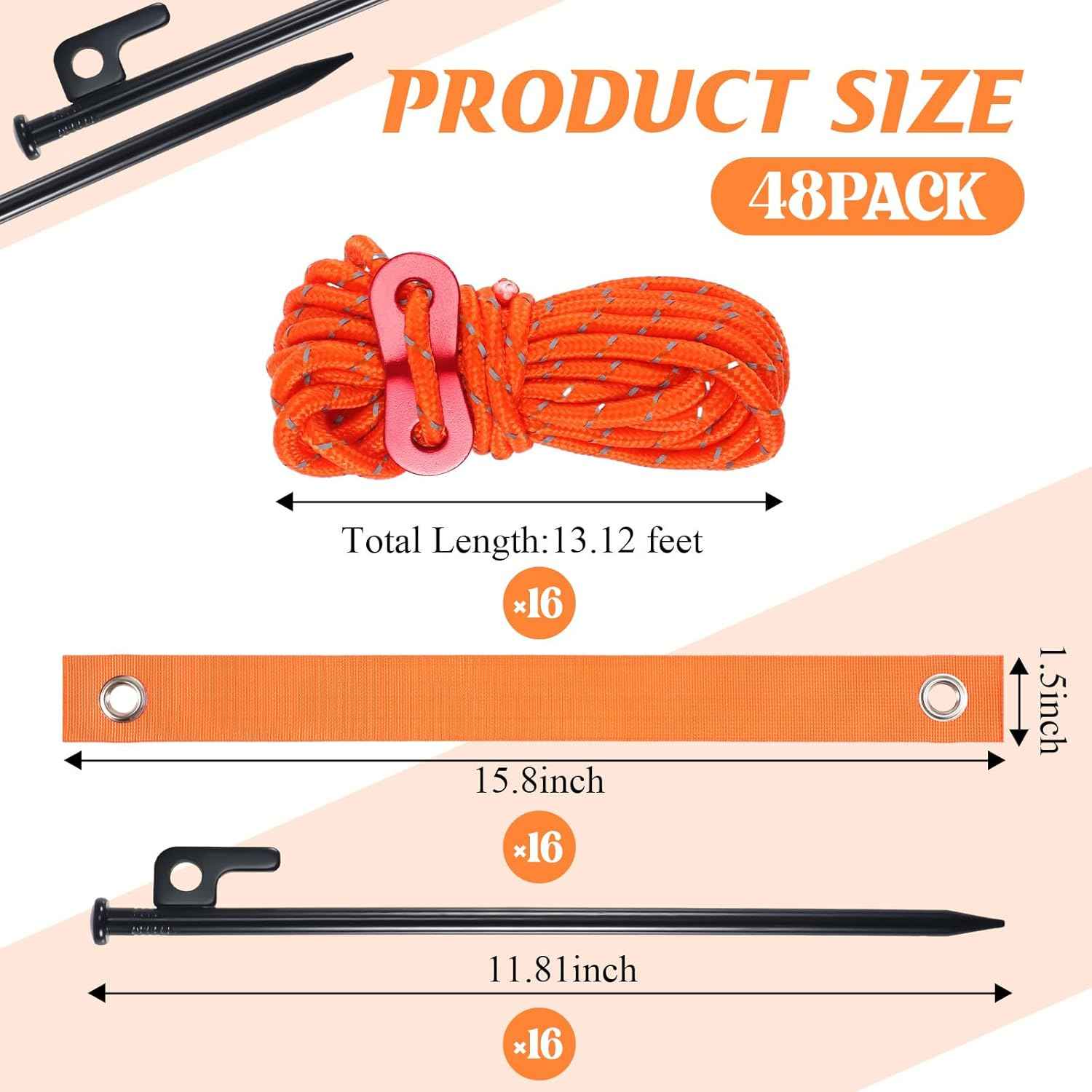 Suzile 48 Pcs Tree Stake Kit, Heavy Duty Tree Staking and Supports for Leaning Trees Include 11. 8'' Steel Stakes 15. 8'' Support Straps 13. 12 ft Rope for Anchoring Hurricane Protection (Orange)