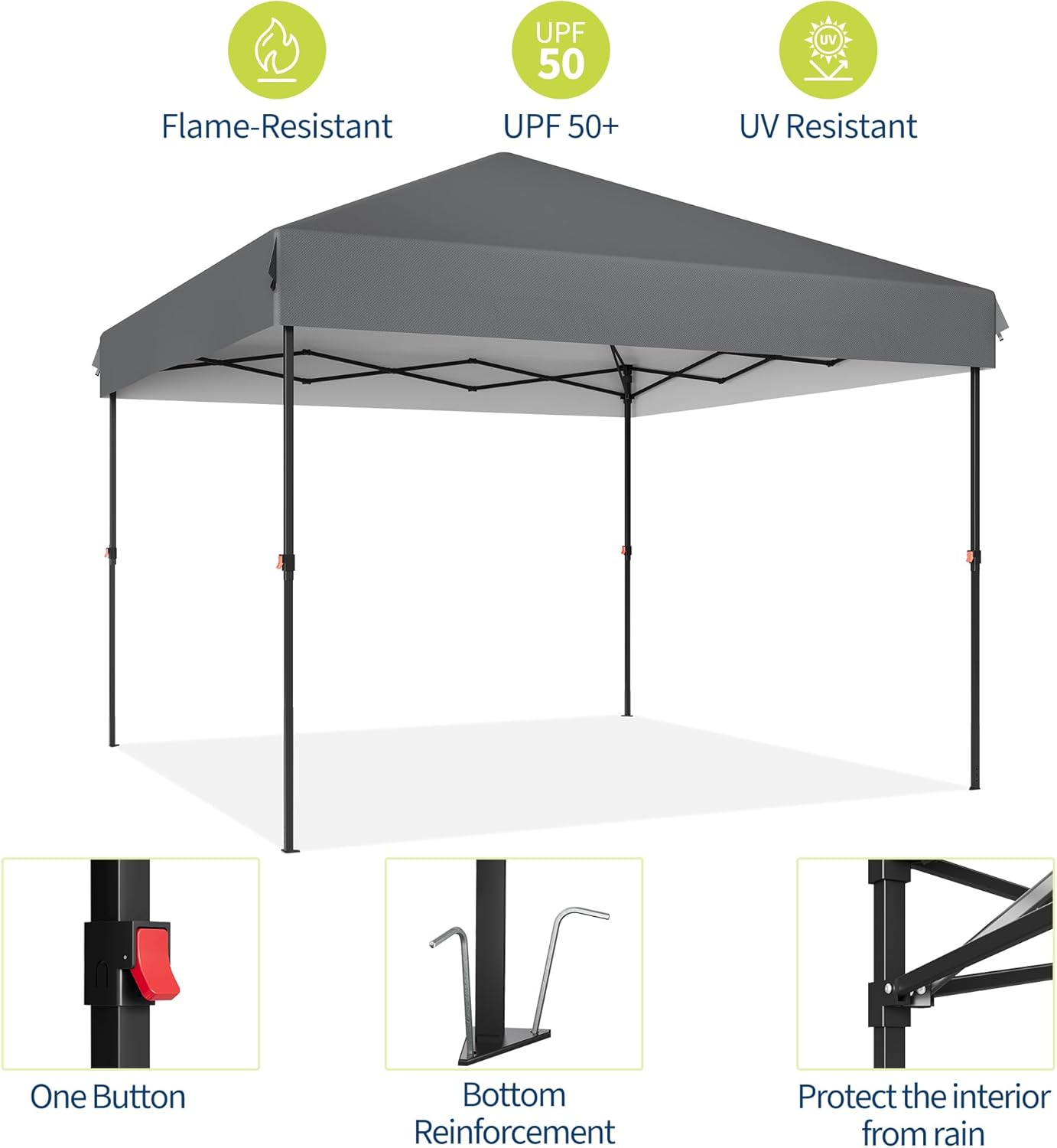 10x10 Heavy Duty Pop Up Canopy – One-Person Setup Outdoor Tent with Roller Bag, Adjustable Heights, Sandbags, Stakes & Ropes – Instant Black Shelter, No Sidewalls