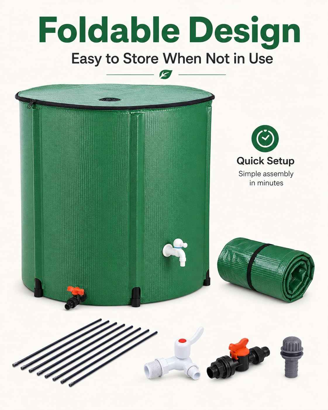 200 Gallon Collapsible Rain Barrel, Portable Rainwater Collection System, Water Storage Tank, Rain Catcher Barrel with Two Spigots and Overflow Kit, Rainwater Barrels Collector for Garden, Green