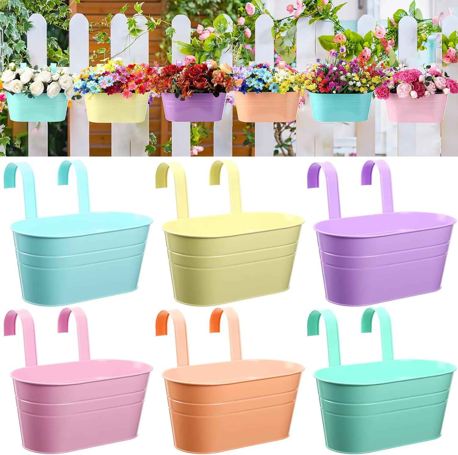 6 Pack Hanging Flower Pot Colorful Metal Iron Bucket Fence Hanging Planters with Detachable Hook Bucket Flower Holder for Railing Balcony Garden Yard Spring Decor(Round,10.6X 5.5 x 4.7 in)