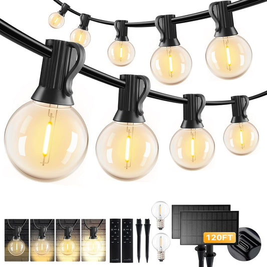 HJQ 120FT(60x2) Solar String Lights Waterproof, Patio Lights Solar Powered with Remote & USB Port, 40+2 LED Shatterproof Bulbs, 3 Modes, Dimmable Solar Lighting Hanging for Camping Backyard Garden
