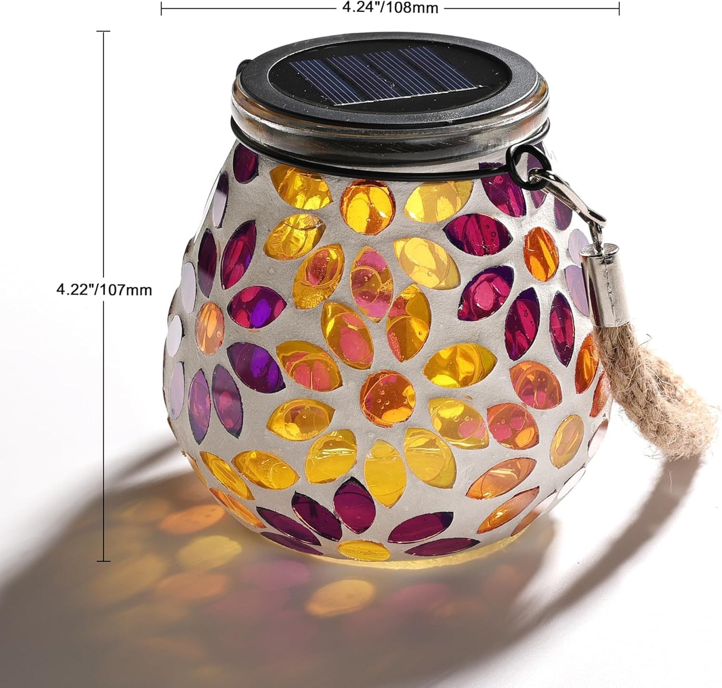 Cooo 4 Pack Mosaic Solar Lantern Outdoor Waterproof IP68 Hanging Projection Light Hidden Lid Pear-Shaped Lantern with Rope Handle Solar Powered Auto On for Patio Garden Fence Table -Petal Mirage