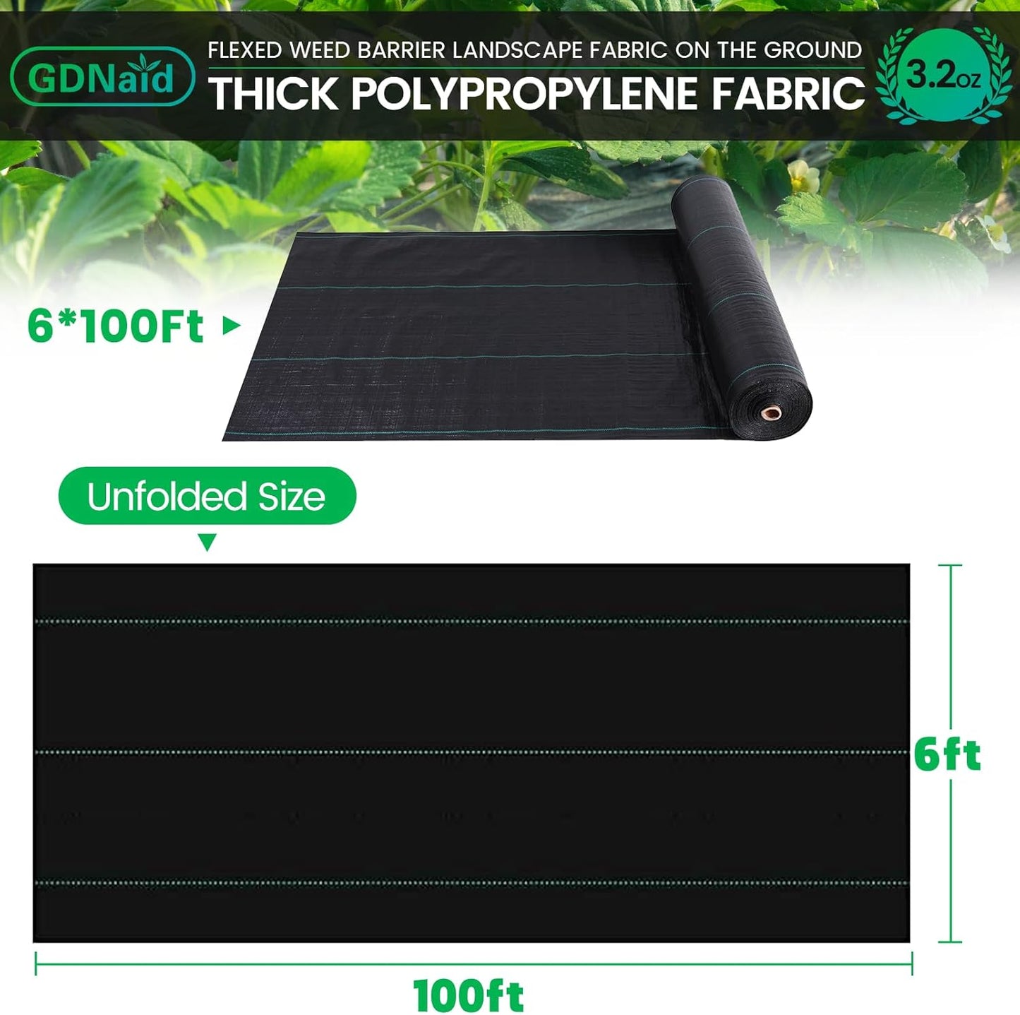 Weed Barrier 6ftx100ft Landscape Fabric Roll, Premium 3.2oz Black Weed Barrier Fabric Garden Landscaping Fabric