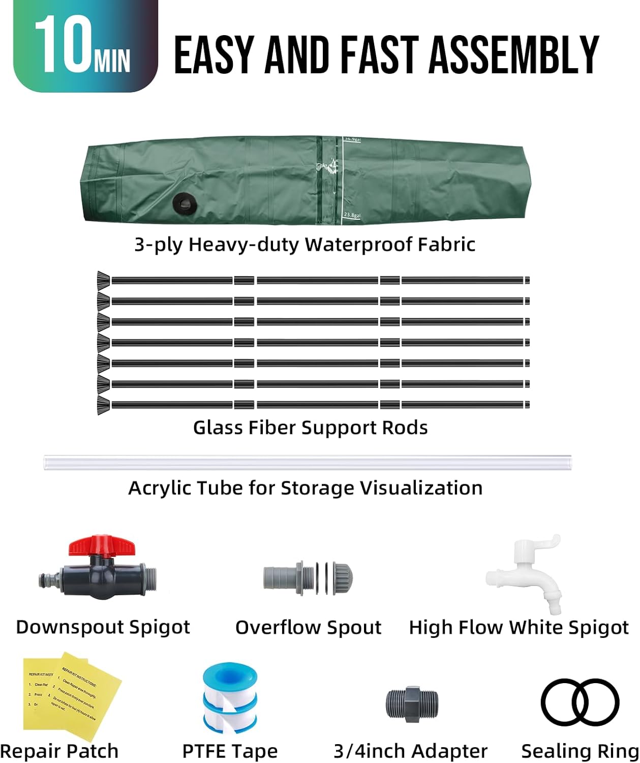 Collapsible Rain Barrel Water Collection System - 100 Gallon Portable Water Storage Tank,Foldable Rainwater Collect System Downspout, Water Catcher Container with Filter, Spigots＆Overflow Kit,Green