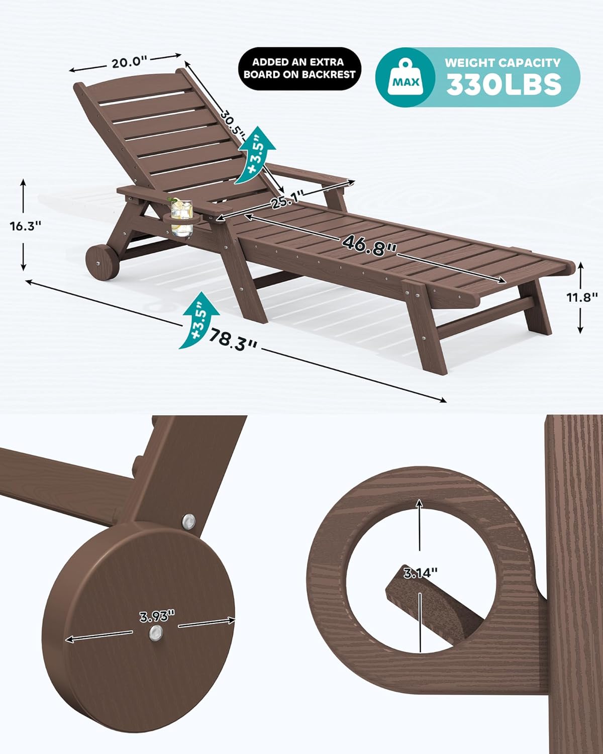 SERWALL Patio Chaise Lounge Chair Set of 2, 78'' Long 5-Positions Adjustable HDPE Outdoor Lounge Chair for Pool, Poly Lounge Chair with Rolling Wheels & Cup Holder for Poolside, Deck, Coffee Brown