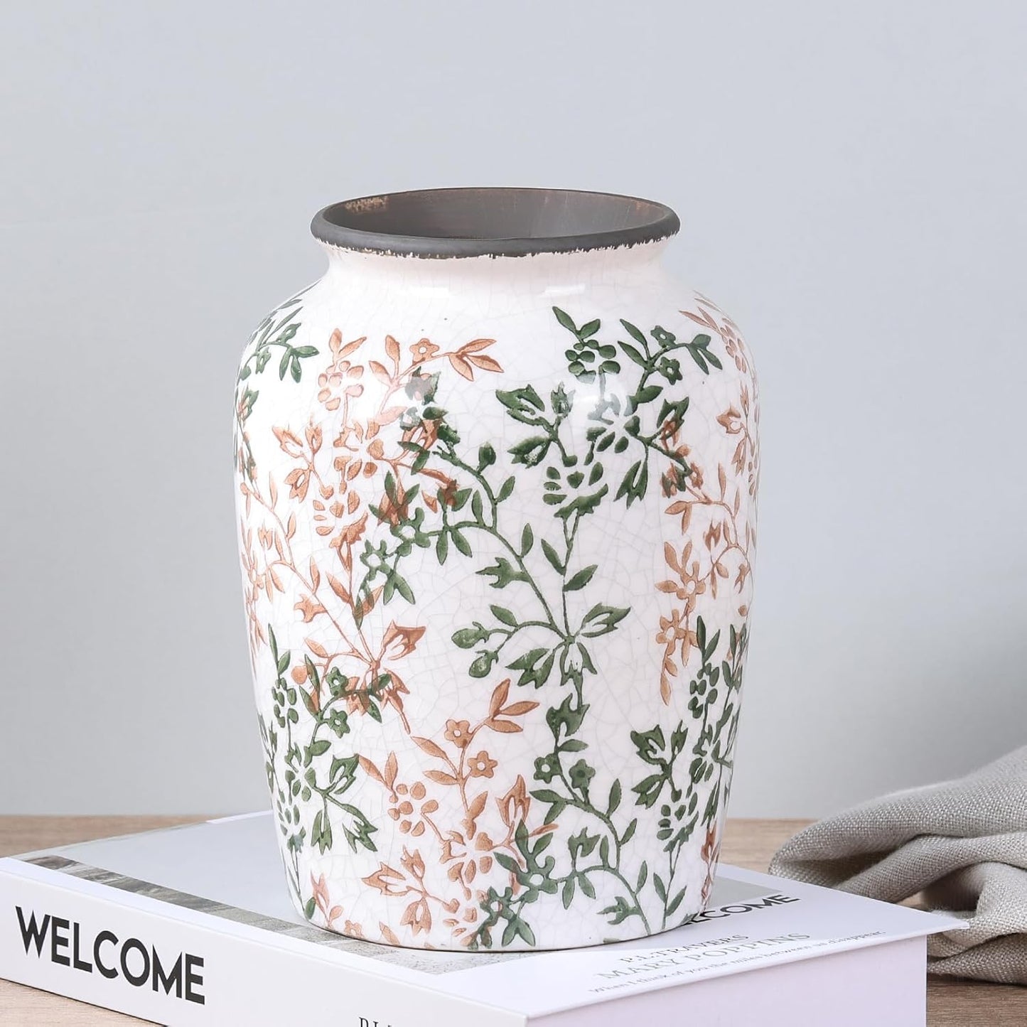 Vintage Vase for Flowers,Green Chinoiserie Ceramic Vase,Rustic Farmhouse Cracked Vases,for Flower Arrangement,Living Room, Office, Shelf, Fireplace Tables,Centerpieces,Chinoiserie Pottery Decor(D)