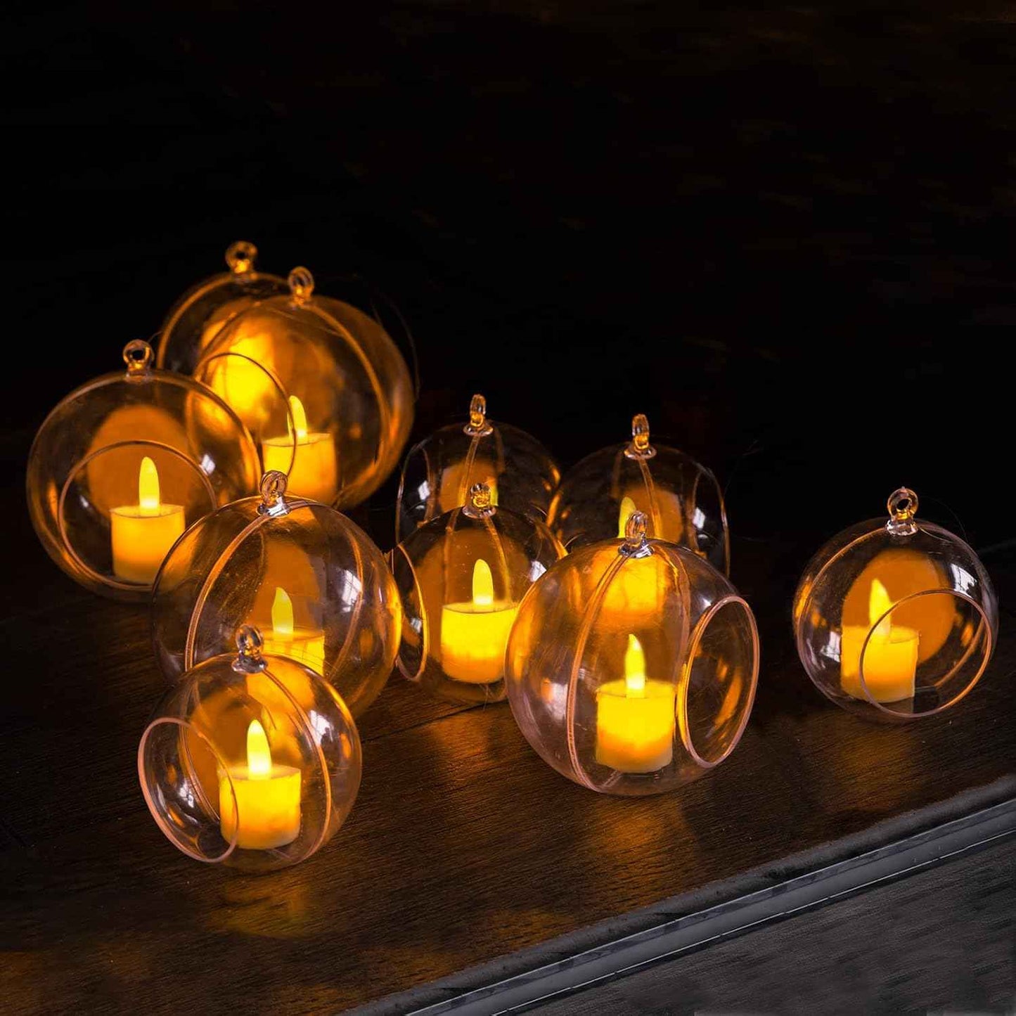 10 Pack 3.54"/90mm Acrylic Hanging Tealight Candle Holder with 10 Pack Flameless LED Candles, Globe Ornament for Air Plant, Tea Light Candlestick for Home Party Decor Wedding Birthday Christmas