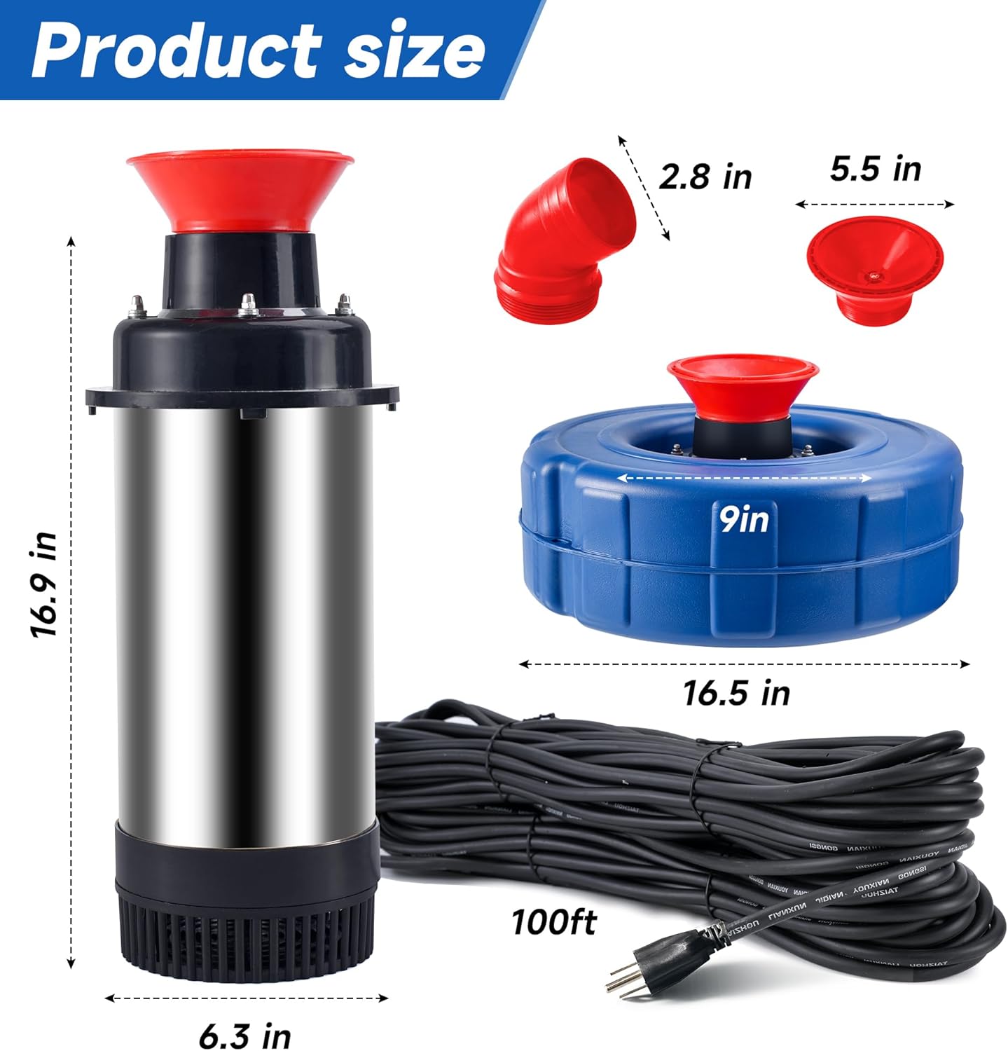 Pond Fountain Aerator-15000 GPH Fully Automatic Powerful Lake Floating Fountain, 1HP/750W 110V, 100ft power cord, 2 * 100ft guide ropes, Suitable For Ponds And Landscape Fountains (Stainless steel)