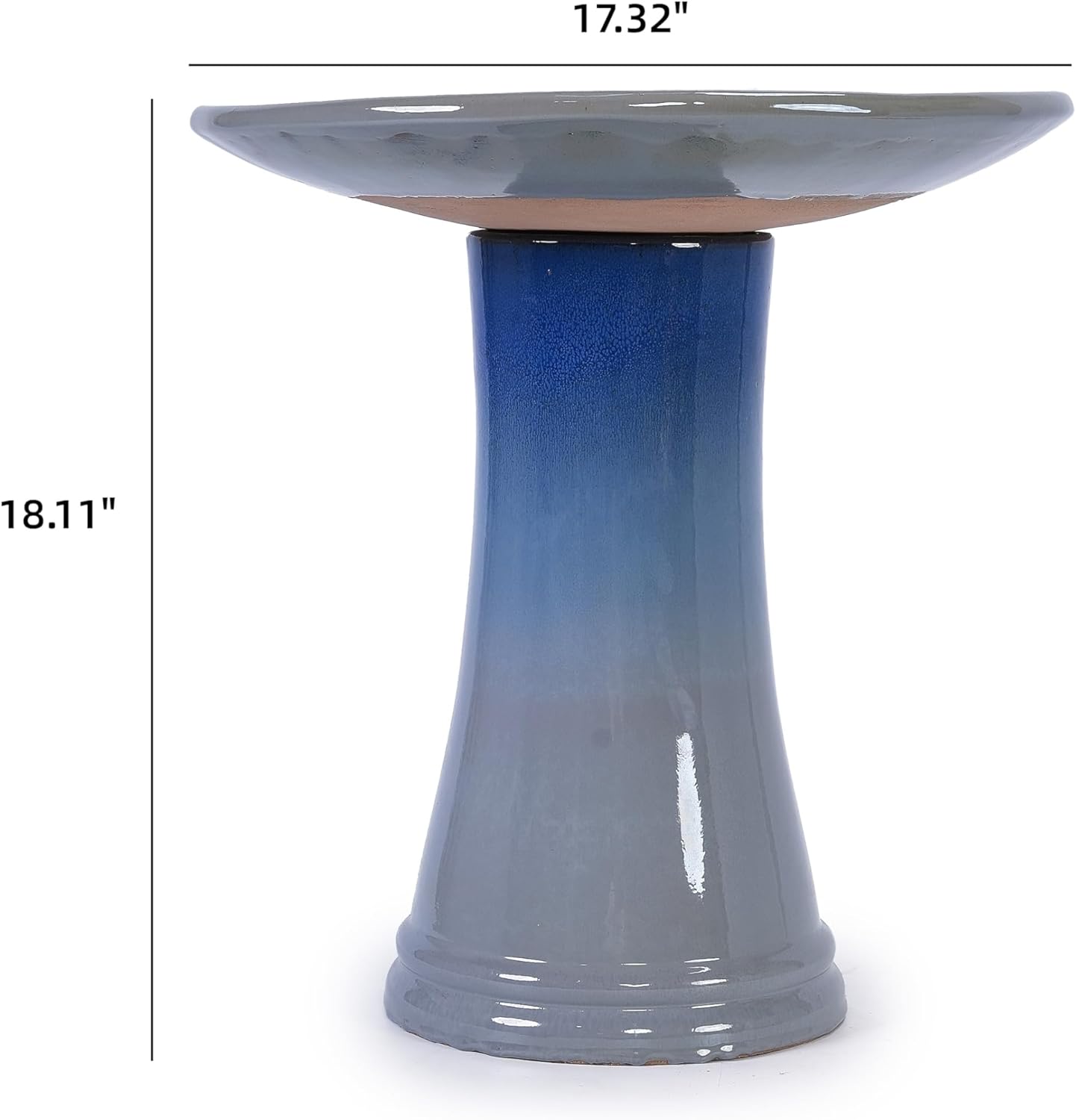 Ceramic Bird Bath for Outside, 16.93 Inch Pedestal Bird Bath Bowls, Blue + Grey Glazed Birdbaths with Floral Embossed Design, Perfect for Outdoors, Garden, Patio, Yard, 18.11 Inch Tall