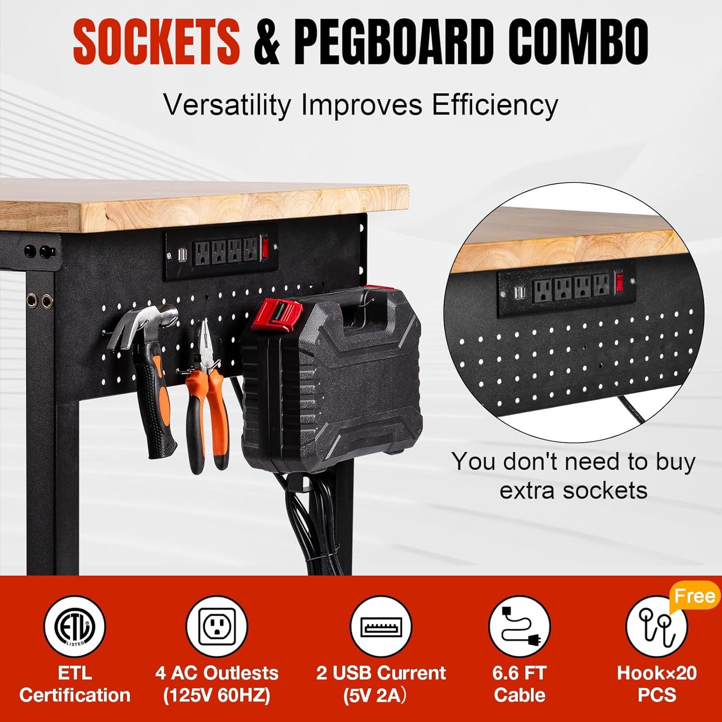 Adjustable Height Workbench, Heavy Duty Table Rubber Wood Workstation with Power Outlet & Pegboard for Garage, Office, Workshop, Home,Commercial (48"×24"|Wheels)